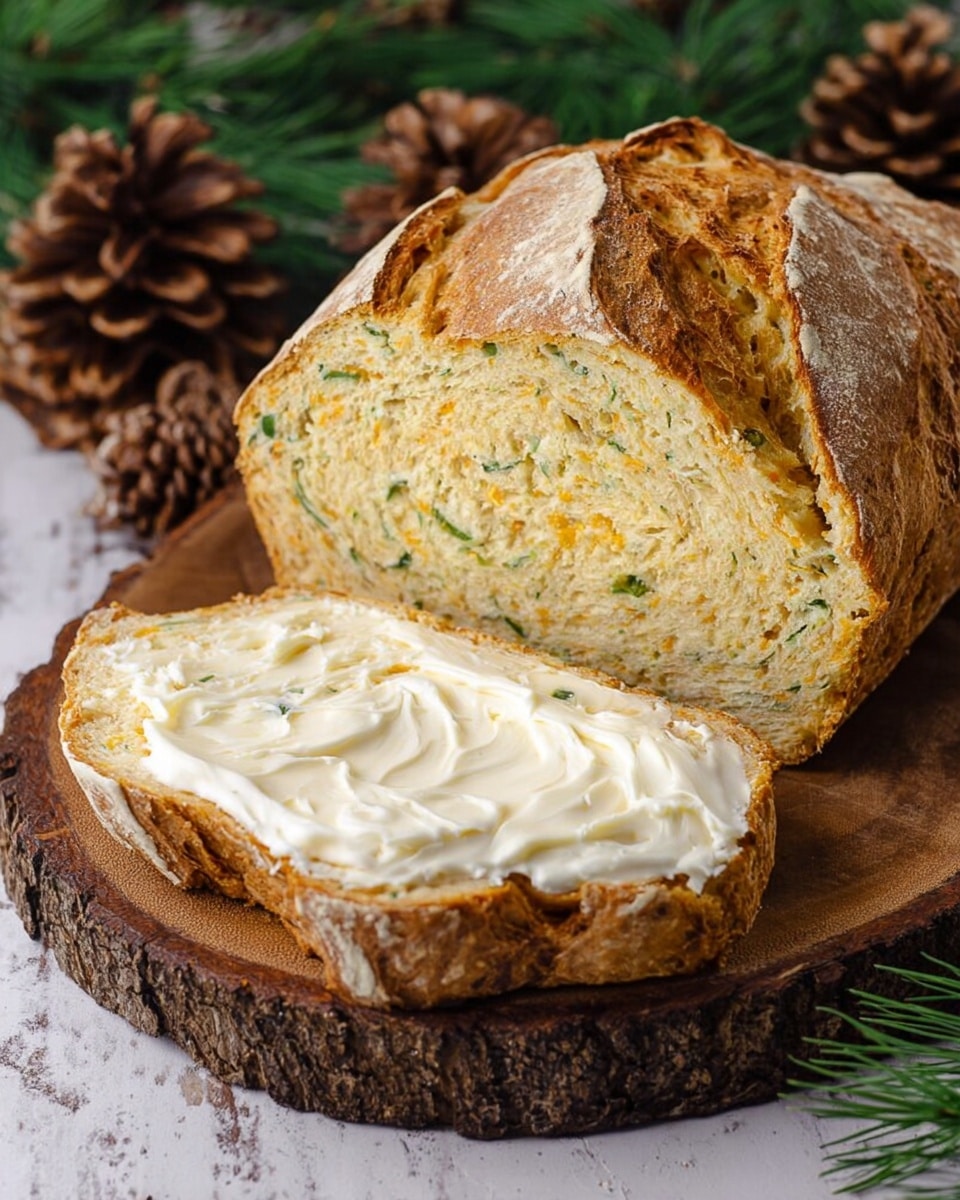 A round loaf of bread with a rough, golden-brown crust dusted lightly with white flour is placed on a natural wood slice with visible bark edges. The bread has deep splits on top, revealing a soft, yellowish interior with bits of green herbs and chunks of cheese embedded inside. Around the wood slice, there are green pine branches and brown pinecones on a white marbled surface. The background is dark, enhancing the warm colors of the bread and natural wood. photo taken with an iphone --ar 4:5 --v 7