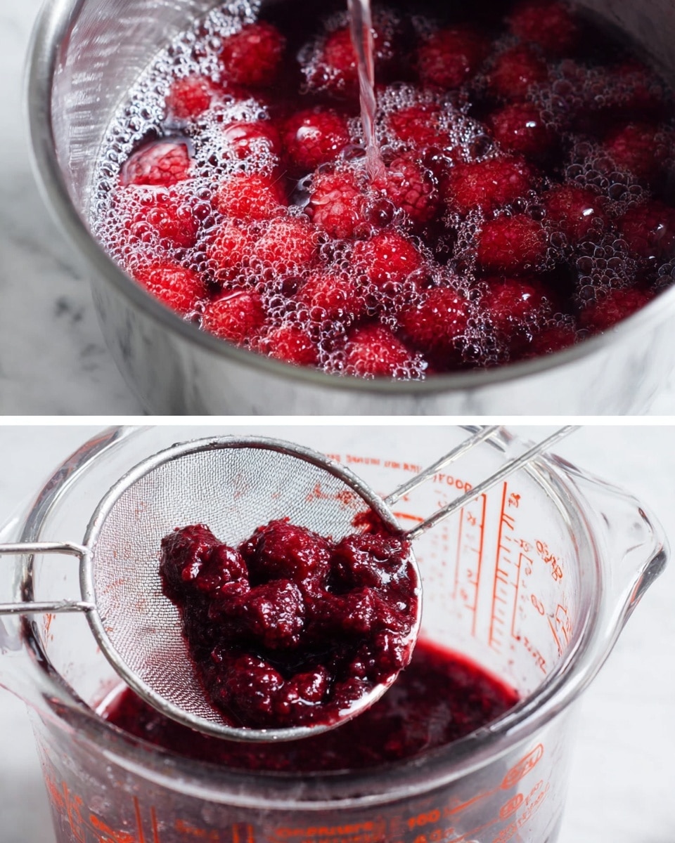 The first part shows a close-up of bright red raspberries bubbling in clear liquid, with small bubbles forming on the surface around the berries. The second part shows a silver spoon pressing dark red raspberry mash through a fine white mesh strainer held over a clear glass measuring cup with orange measurement lines and numbers. The background is a white marbled surface. Photo taken with an iphone --ar 4:5 --v 7