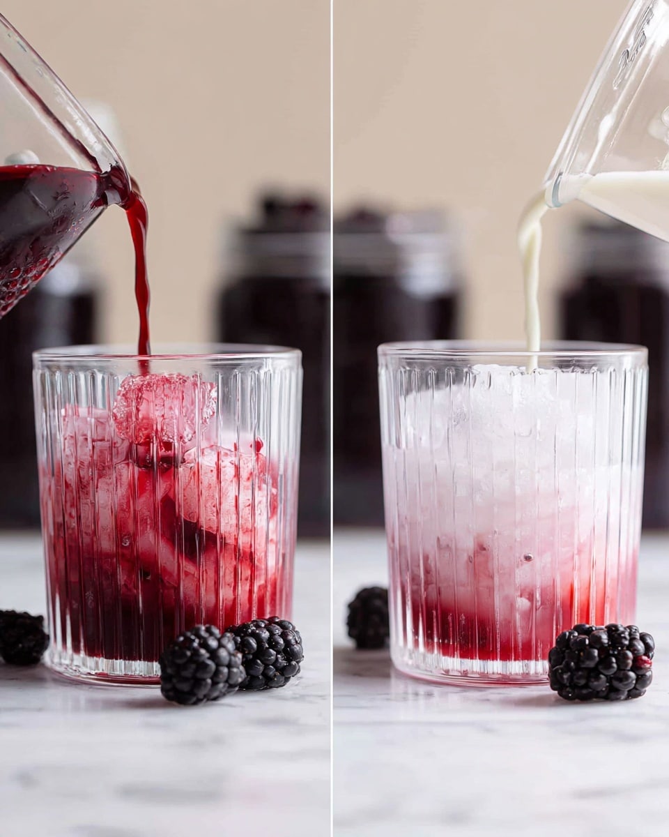 Two images show a clear glass with vertical ridges filled with ice on a white marbled surface. In the left image, dark red liquid is poured into the glass, creating a swirling effect mixing with the ice, and two blackberries are placed near the bottom right of the glass. In the right image, white liquid is poured into the same glass over the ice and dark red liquid already inside, creating a pink gradient as the liquids mix, with the same two blackberries near the base. Both images have a blurred background with dark jars. Photo taken with an iphone --ar 4:5 --v 7