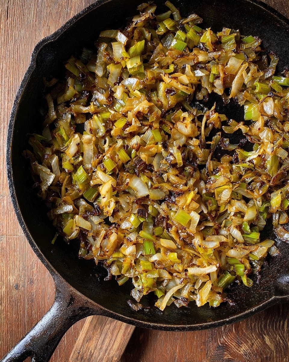 The image shows a black cast iron pan filled with a single layer of cooked, chopped vegetables that look like caramelized onions and leeks. The vegetables are soft and shiny with a mix of golden brown, light yellow, and green colors, scattered evenly across the pan's surface, with some pieces showing darker caramelized spots. The pan handle extends out to the left on a wooden surface. photo taken with an iphone --ar 4:5 --v 7