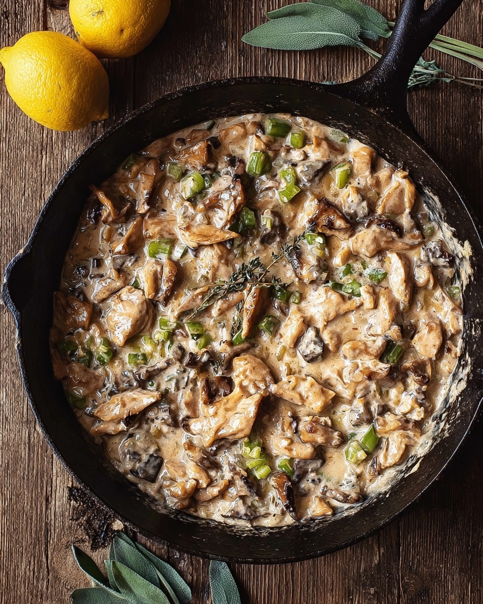 A black cast iron pan filled with a thick creamy sauce mixed with many pieces of cooked light brown oyster mushrooms and diced light green vegetables evenly spread throughout. The sauce is light beige with a smooth, rich texture coating the mushrooms and vegetables. The pan sits on a rustic wooden surface, with a yellow lemon and a few green sage leaves placed nearby on the left side of the image. Photo taken with an iphone --ar 4:5 --v 7
