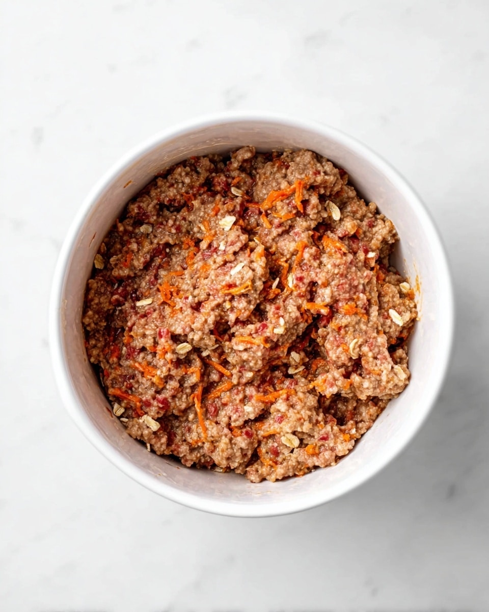 A white bowl filled with a mixture that has a rough, chunky texture made of raw ground meat blended with small orange carrot shreds and light beige oats. The mixture shows uneven clumps with visible bits of each ingredient, giving it a dense appearance. The bowl sits on a white marbled surface, and the photo is taken from above, showing only the contents inside the bowl. photo taken with an iphone --ar 4:5 --v 7