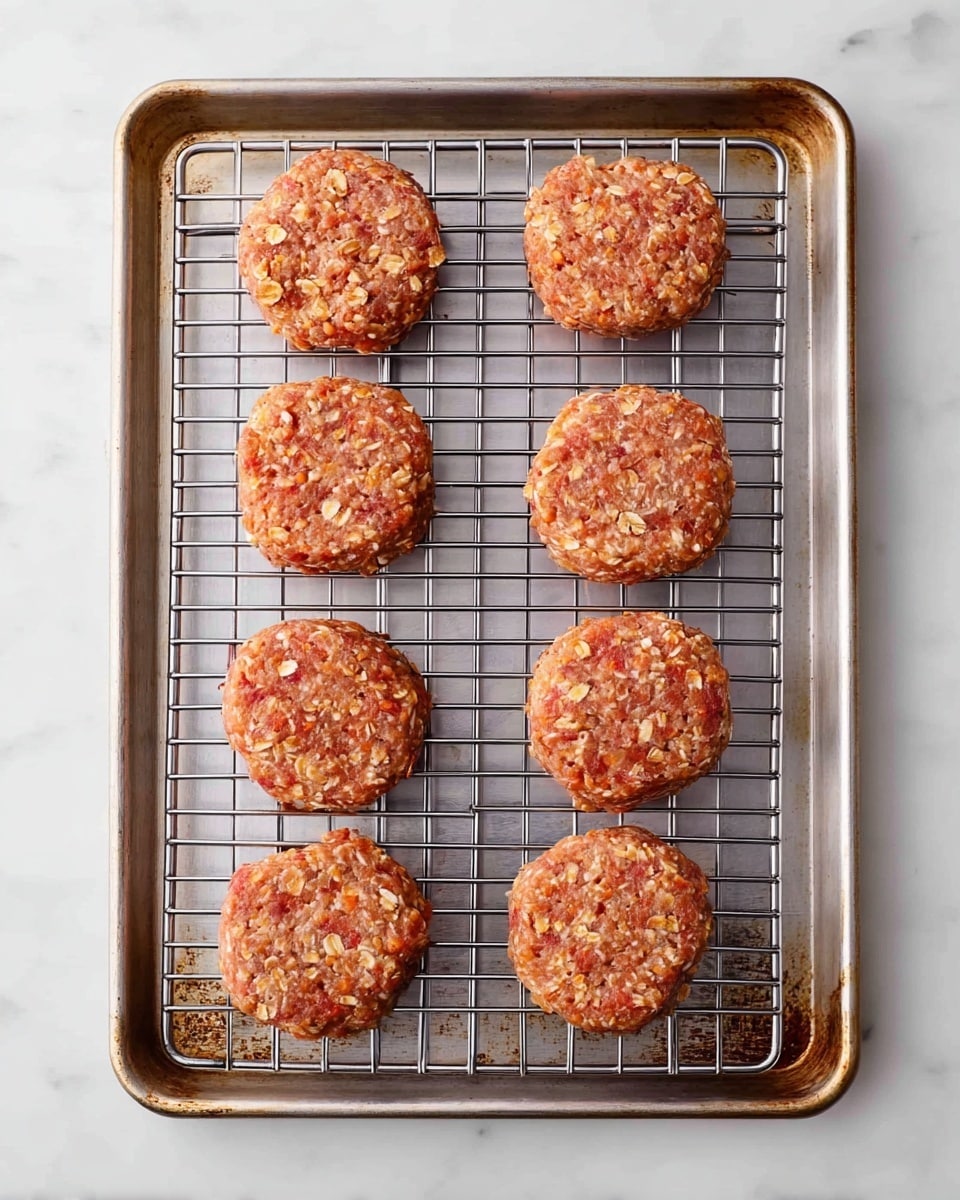 There are eight raw round patties evenly placed on a silver metal grid rack that sits on a baking sheet. The patties have a pinkish color with visible white pieces of oats and small orange bits mixed inside, giving them a textured look. The baking sheet shows signs of use with slight browning on its edges, set against a white marbled surface. photo taken with an iphone --ar 4:5 --v 7