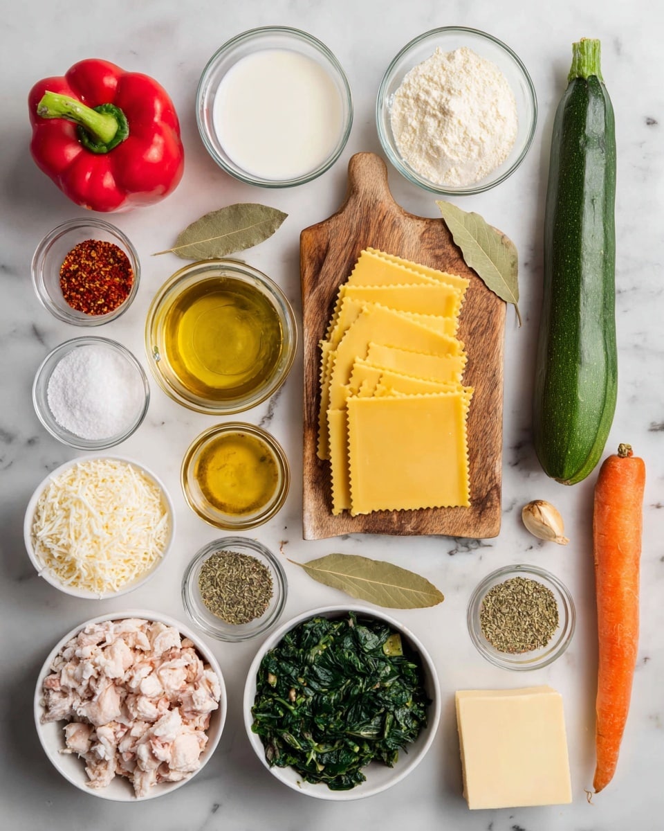 This image shows many ingredients neatly arranged on a white marbled surface. In the center, there is a wooden cutting board with three uncooked yellow lasagna sheets stacked, two green bay leaves, a small bowl of red pepper flakes, a small bowl of white powder, and a large pile of grated pale yellow cheese. Around the board, there are whole vegetables including a red bell pepper on the left, a long green zucchini underneath it, a whole onion on the right, and two orange carrots further right. To the left bottom, there is a white bowl filled with chopped cooked chicken, while to the bottom right there is a white bowl full of finely chopped spinach. Next to these, a smaller clear bowl holds white flour or similar powder, and a small square piece of yellow butter is on the right side. At the top left, three clear measuring cups hold white cream, light brown liquid, and white milk, while a small clear bowl of shiny yellow olive oil is near the top right. A few small piles of dried green and brown herbs are arranged at the very top right of the white marbled surface. photo taken with an iphone --ar 4:5 --v 7