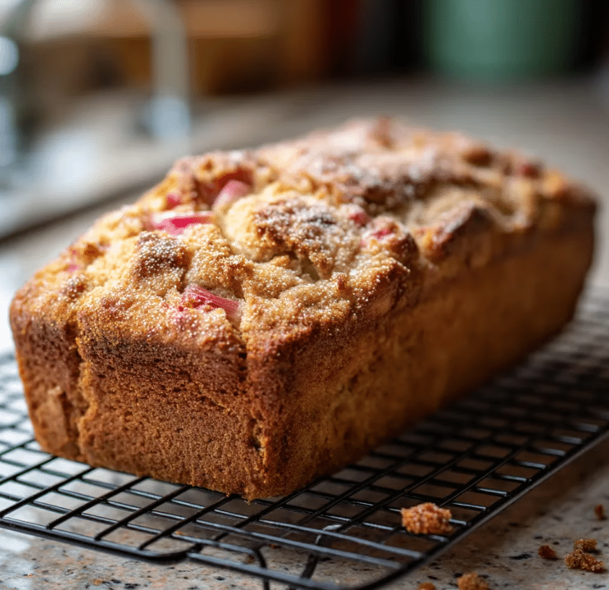 A loaf cake is shown on a wooden board, sliced into five thick pieces. The cake has a golden brown crust with a crumbly texture on top and a soft, light tan inside. Visible inside the cake are small pinkish-red chunks that add color and texture to the slices. There are some crumbs scattered on the board and on the white marbled surface around it. photo taken with an iphone --ar 4:5 --v 7