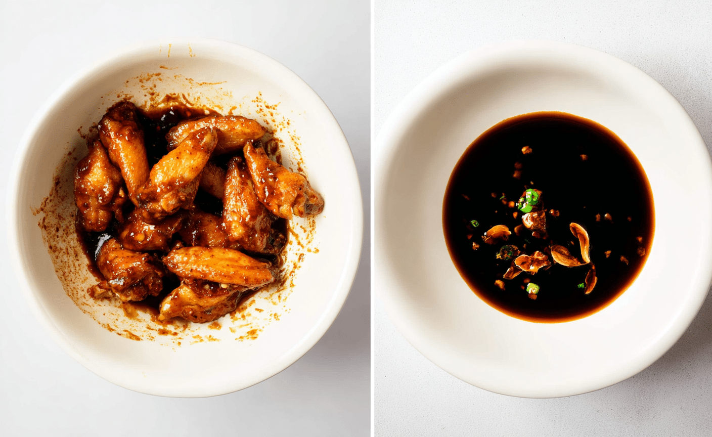 The image shows two side-by-side white bowls on a white marbled surface. The left bowl contains a dark brown liquid sauce with a small mound of light beige minced garlic in the center, specks of sauce splash around the bowl's edges. The right bowl holds several small, glossy, brown chicken pieces coated and sitting in the same dark brown sauce, which also splashes slightly on the bowl’s side. The sauce is thick and shiny, covering the chicken pieces fully, with smooth textures and rich color contrasts. Photo taken with an iphone --ar 4:5 --v 7