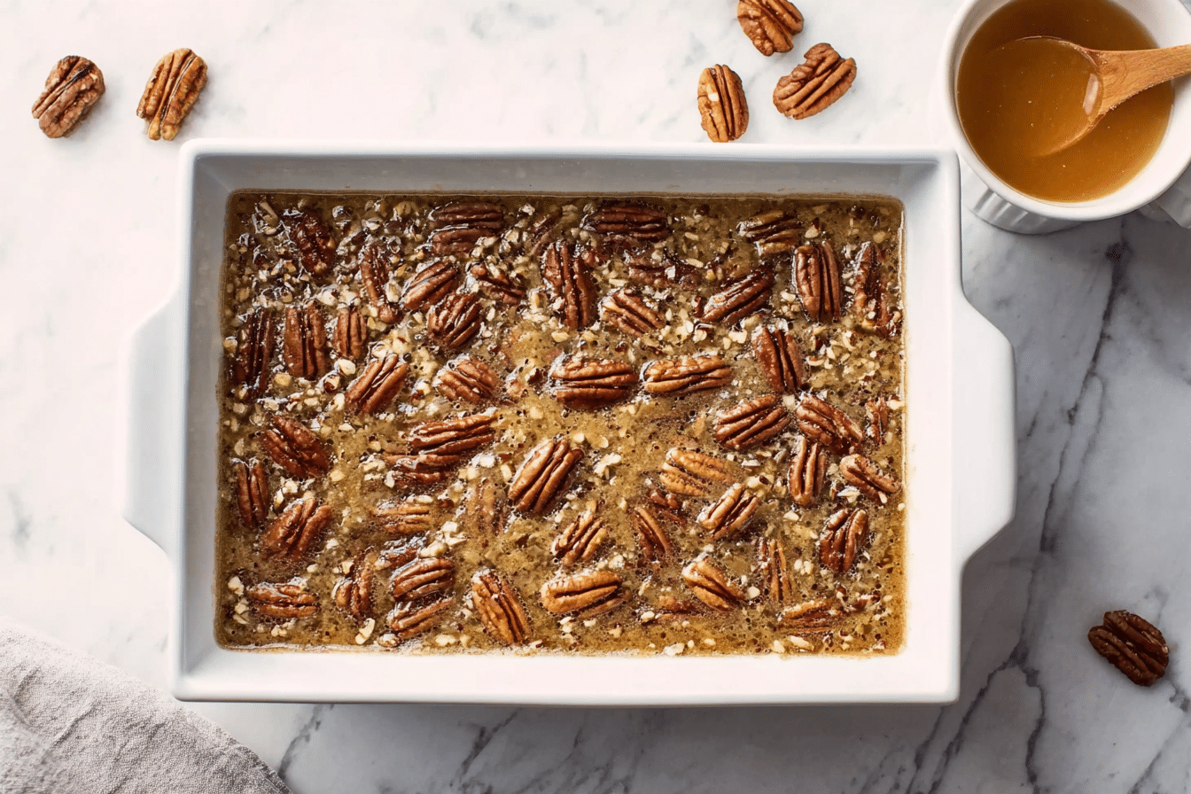 The image shows a close-up of a square piece of dessert with three clear layers. The bottom layer is creamy and pale yellow, smooth in texture. Above it is a thin, soft brown layer, and on top sits a thick layer of glossy, sticky caramelized pecans, which are rich brown with a shiny coating. The dessert is in a white dish, and a silver fork is lifting the piece. The background is a white marbled surface with a blurred white cloth. photo taken with an iphone --ar 4:5 --v 7