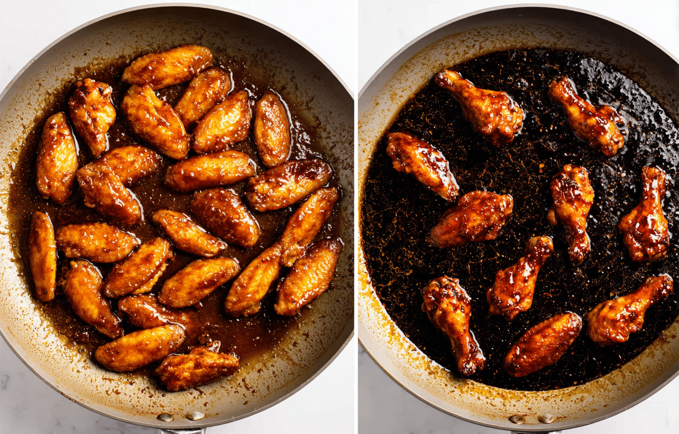 Two black pans are shown side by side on a white marbled surface. In the left pan, there are nine pieces of cooked chicken, arranged unevenly, with a shiny brown, caramelized texture showing char marks. The right pan is filled with a bubbling dark brown sauce covering the entire bottom, creating a thick and glossy layer. Photo taken with an iphone --ar 4:5 --v 7