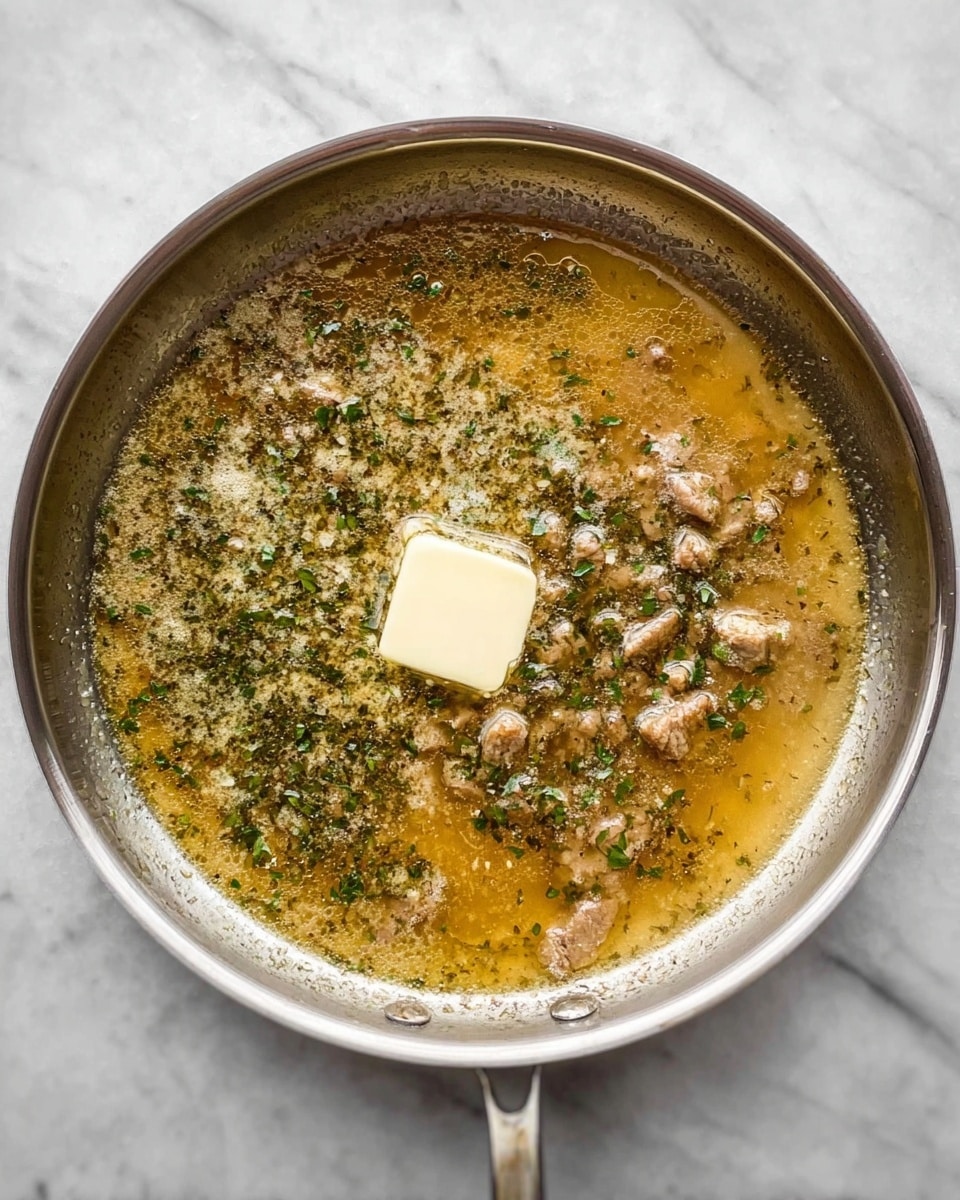 A silver pan filled with a light brown sauce that has green herbs scattered throughout. In the center of the sauce, there is a small square of butter slowly melting. Small pieces of what looks like cooked meat are mixed in the sauce, creating a slightly textured surface. The pan is placed on a white marbled surface. photo taken with an iphone --ar 4:5 --v 7