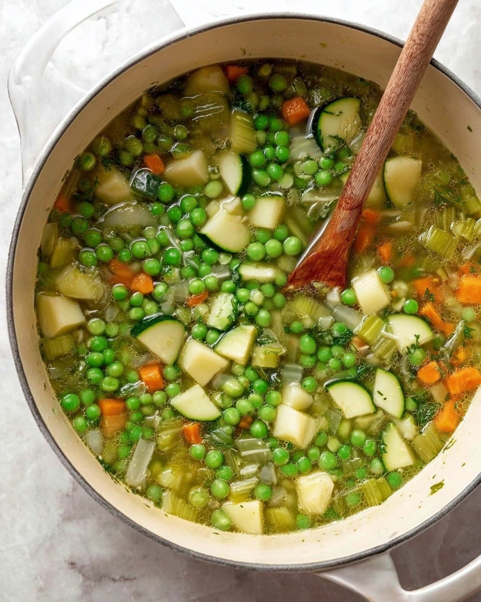 A large white pot filled with clear broth soup showing many vegetables. The top layer has bright green peas scattered across the surface, with slices of light green zucchini floating around. Below the peas, chunks of pale white potatoes and pieces of green celery are visible, along with small orange carrot pieces. A wooden spoon is stirring the soup, partially submerged. The pot is placed on a white marbled surface. photo taken with an iphone --ar 4:5 --v 7