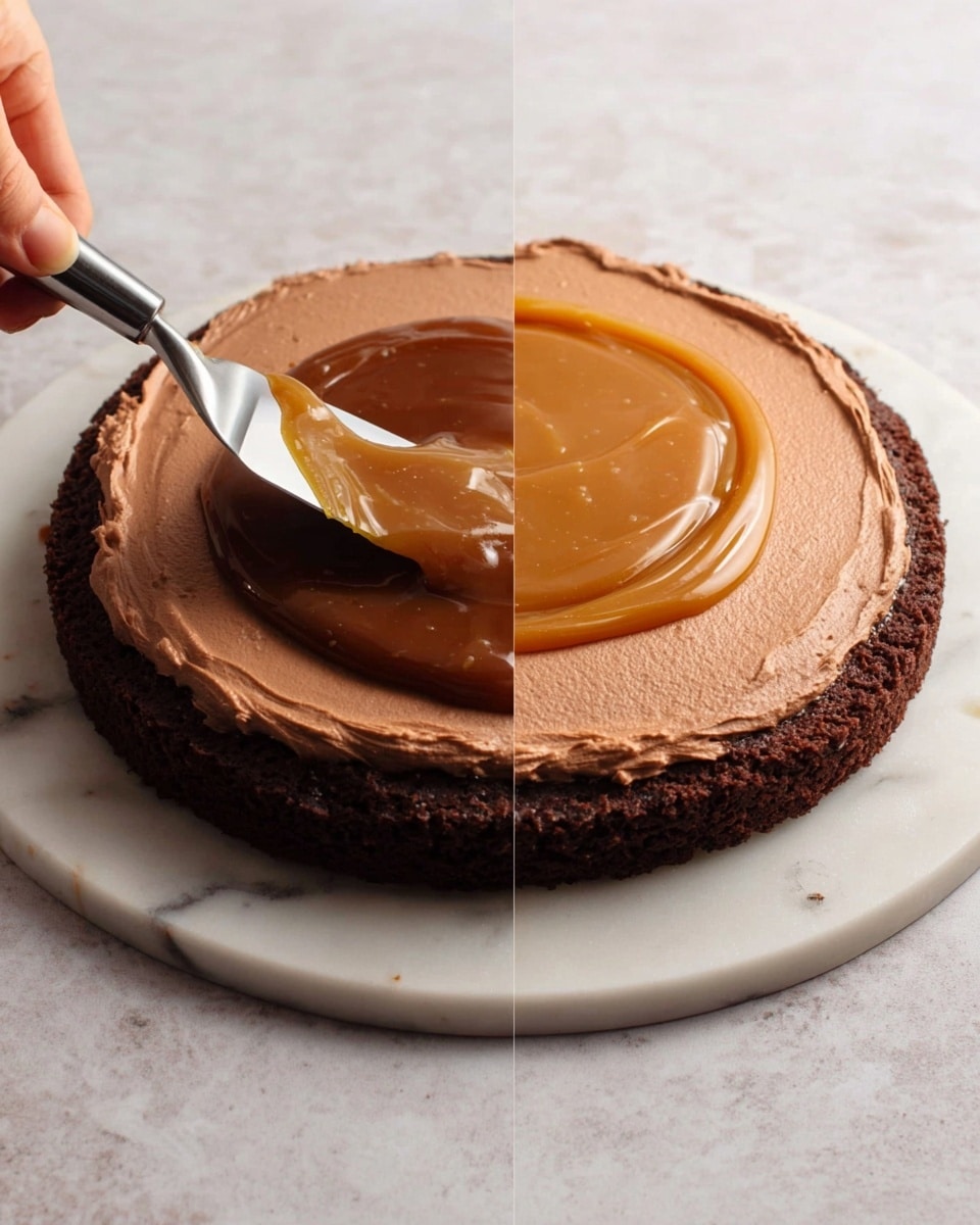 The image shows a three-layer slice of brown cake with a creamy, caramel-colored filling between each layer. On top, there is a smooth, shiny caramel glaze dripping slightly down the sides. The top is decorated with small swirls of light brown frosting and dark brown coffee beans scattered over. The slice sits on a white plate with rings on the surface, and the background is a white marbled texture. photo taken with an iphone --ar 4:5 --v 7