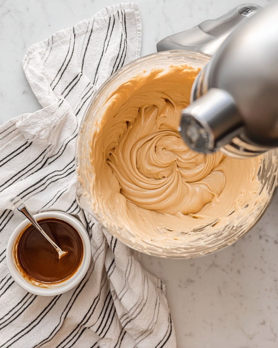 A clear glass mixing bowl filled with smooth, creamy light brown batter with soft peaks and swirls made by a mixer attached to a silver stand mixer on the right side. Below on the white marbled surface, a small white bowl holds a darker brown thick liquid with a spoon in it. A white and black striped cloth is spread on the white marbled surface under the bowl. Photo taken with an iphone --ar 4:5 --v 7