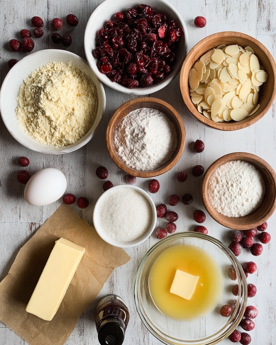 The image shows an assortment of baking ingredients arranged neatly on a white marbled textured surface. There are three white bowls, each holding deep red fresh cranberries, a pale yellow powder, and white flour. A wooden bowl contains light beige almond slices, and smaller wooden bowls hold white sugar and two white powders. In the foreground, a stick of butter rests on parchment paper, next to a clear glass bowl with melted yellow butter and a whole white egg. A small dark bottle with a white cap is also placed near the bottom left. Some cranberries are scattered around the bowls for decoration. Photo taken with an iphone --ar 4:5 --v 7