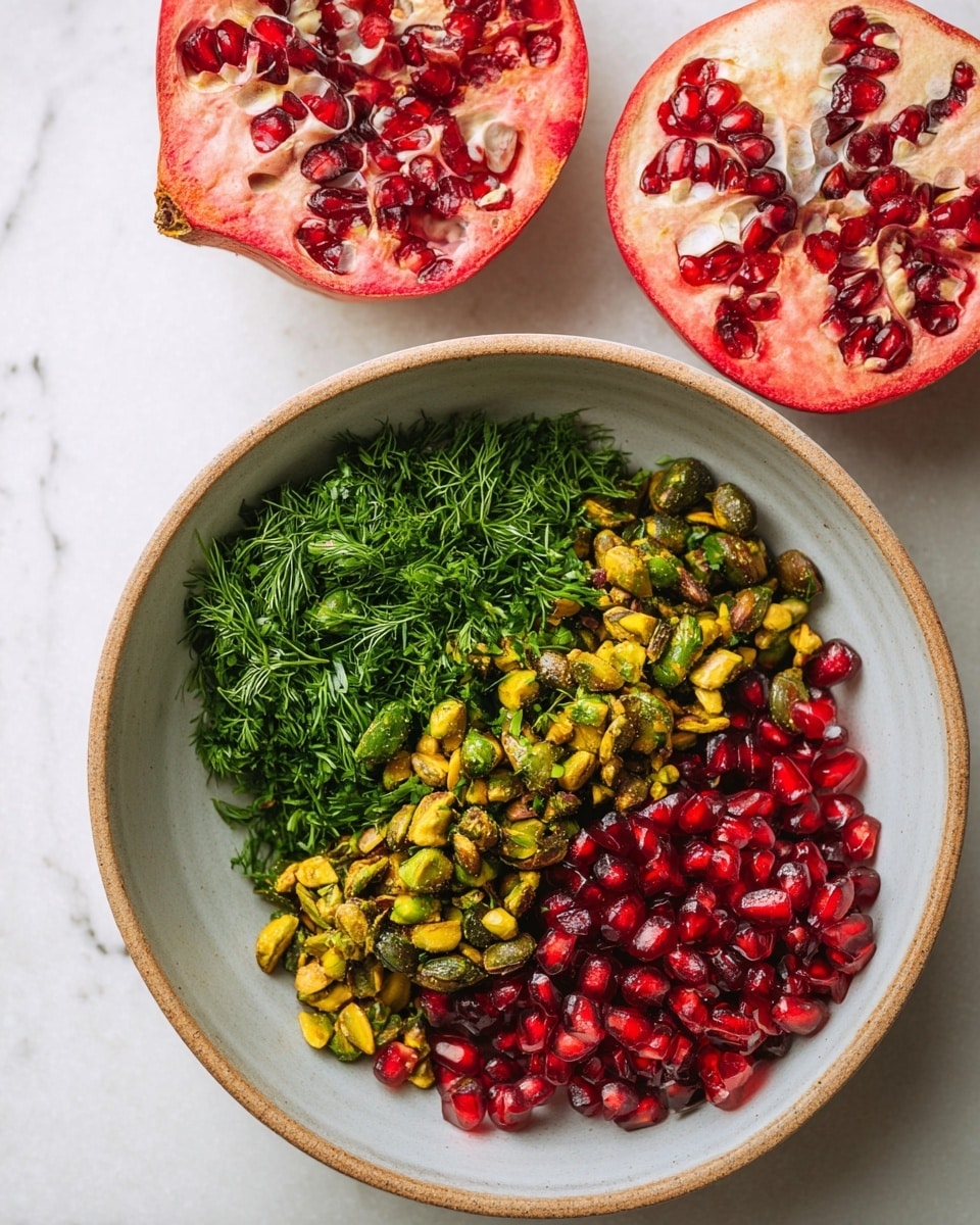 A white baking tray lined with white parchment paper holds a spread of a creamy white layer topped with a mix of small green pistachio pieces, red pomegranate seeds, and fresh green dill leaves, scattered unevenly but covering most of the creamy base. Next to this spread, two halves of a bright red pomegranate with visible glossy seeds rest on the paper. The background is a white marbled texture. Photo taken with an iphone --ar 4:5 --v 7