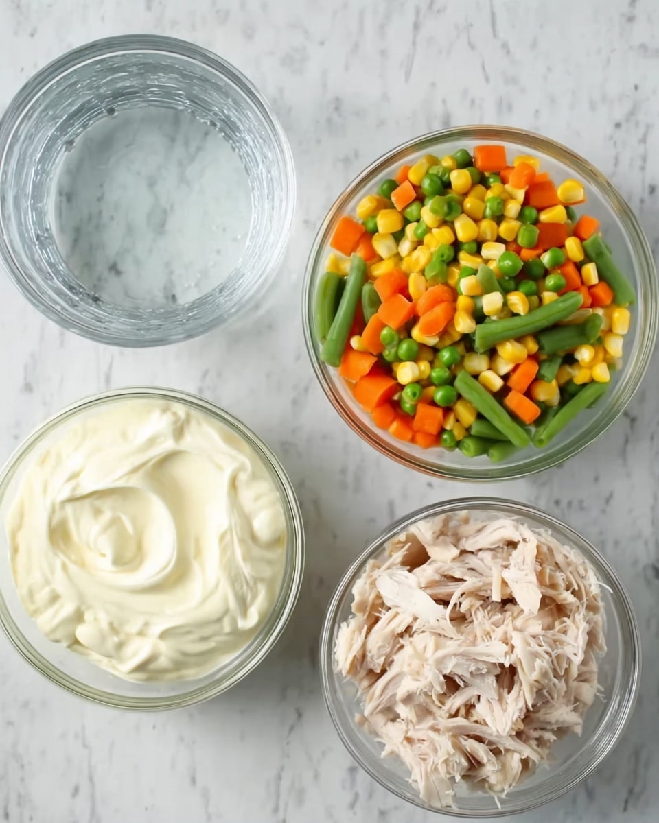 The image shows four clear glass bowls on a white marbled surface. The top left bowl is filled with transparent water, the top right bowl contains mixed vegetables with green beans, orange carrots, yellow corn, and green peas. The bottom left bowl has thick white yogurt or cream, and the bottom right bowl holds light beige shredded cooked chicken. All the bowls are simple, round, and placed close together with no utensils visible. Photo taken with an iphone --ar 4:5 --v 7