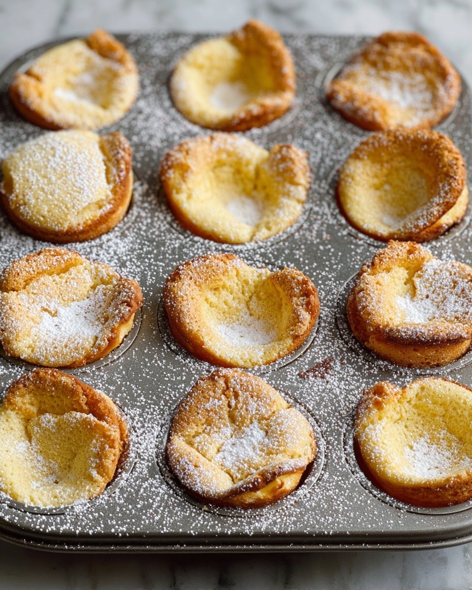 The image shows a gray metal muffin pan filled with twelve small, round, golden yellow baked pastries. Each pastry has a rough, cracked texture and a slightly hollowed center like a small bowl. The tops are dusted lightly with white powdered sugar, with some more scattered on the pan around the pastries. Two pastries near the edges are turned on their sides, showing their soft inside and golden brown edges. The whole scene is on a white marbled surface. photo taken with an iphone --ar 4:5 --v 7