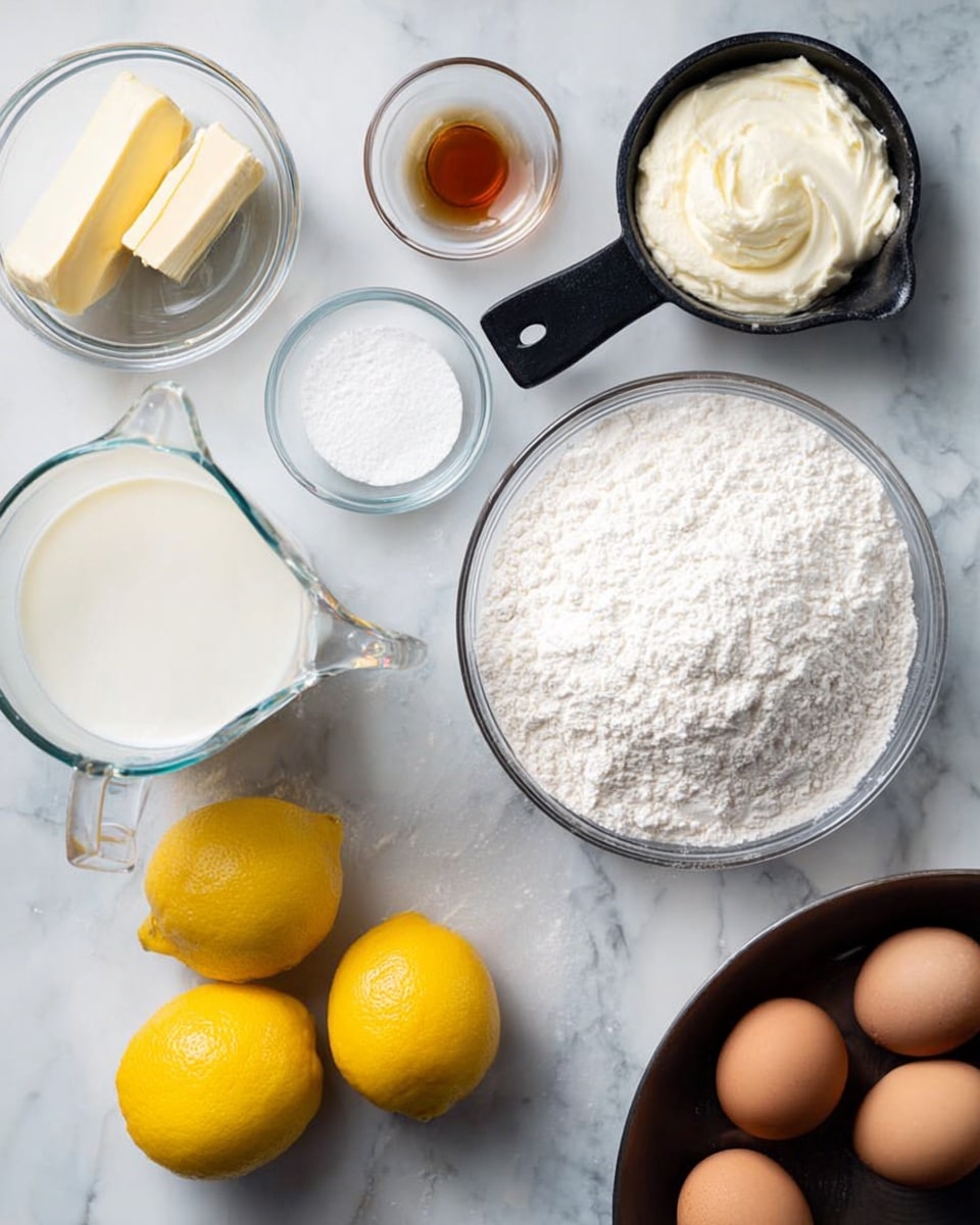 The image shows baking ingredients arranged on a white marbled surface. There are three brown eggs on the right side, and next to them is a black measuring cup filled with white creamy cheese. Above this is a small glass bowl with light brown vanilla extract, and next to it is a butter stick partially unwrapped. In the center is a glass bowl filled with white flour, and below it is a small glass bowl of white sugar. To the left of the sugar are two bright yellow lemons. Above the lemons is a glass measuring cup with white milk. Near the vanilla and flour sits a small glass bowl containing white baking powder and baking soda. In the top right corner, the edge of a dark pan is partly visible. photo taken with an iphone --ar 4:5 --v 7