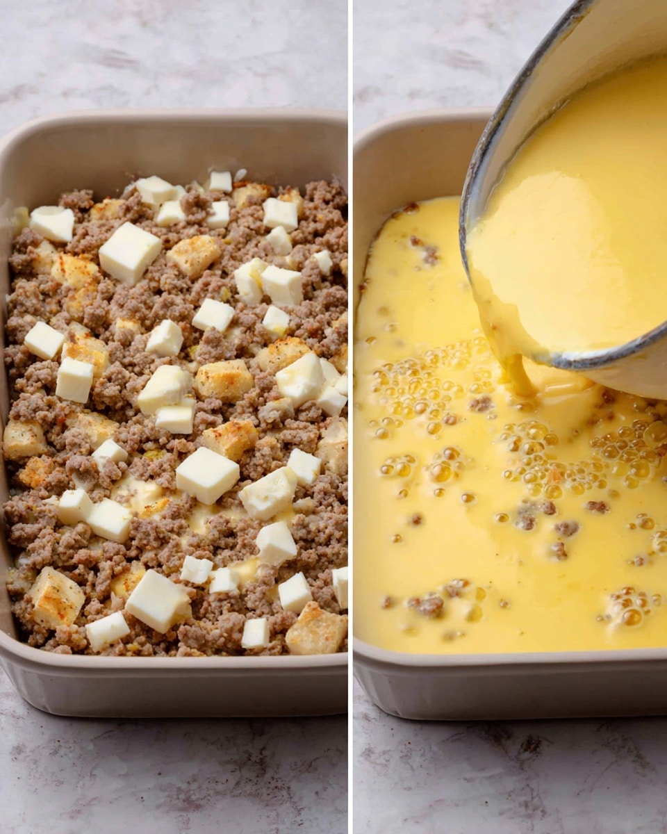 The image shows a rectangular baking dish filled with a base layer of small, crumbly, light brown cooked meat mixed with small cubes of white cheese evenly spread on top. The next part of the image shows a close-up of a pale yellow egg mixture with some bubbles being poured over the meat and cheese layer inside the same baking dish. The dish is placed on a white marbled surface, and the baking dish is white in color. photo taken with an iphone --ar 4:5 --v 7