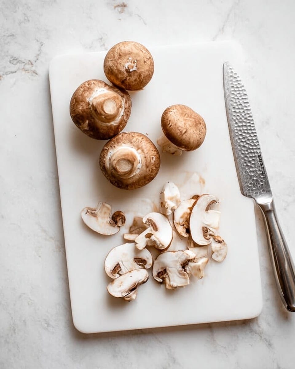 The image shows a white cutting board on a white marbled surface. On the board, there are four whole brown mushrooms, each with slightly textured caps, positioned to the left. To the right of the whole mushrooms, there are several small mushroom slices in varied shapes. On the far right, a hammered metal knife with a silver handle rests beside the sliced mushrooms. The image is bright and clean, highlighting the natural brown and white colors of the mushrooms. photo taken with an iphone --ar 4:5 --v 7
