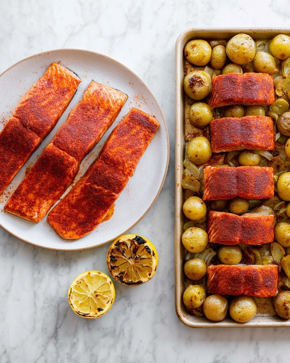 The image shows two separate dishes on a white marbled surface. On the left, a white round plate holds four large fillets of salmon, each coated with a bright reddish spice rub, giving them a rough texture. On the right, a white rectangular tray has four pieces of salmon fillets, similar in size and spice cover to the ones on the plate, arranged in a row at the top. Below the salmon on the tray, there are about twenty small round potatoes, some whole and some sliced in half, with a browned roasted surface showing a golden-yellow inside. A halved lemon with a slightly charred yellow surface is placed among the potatoes near the bottom left of the tray. The overall scene is brightly lit with a clean, fresh look. Photo taken with an iphone --ar 4:5 --v 7