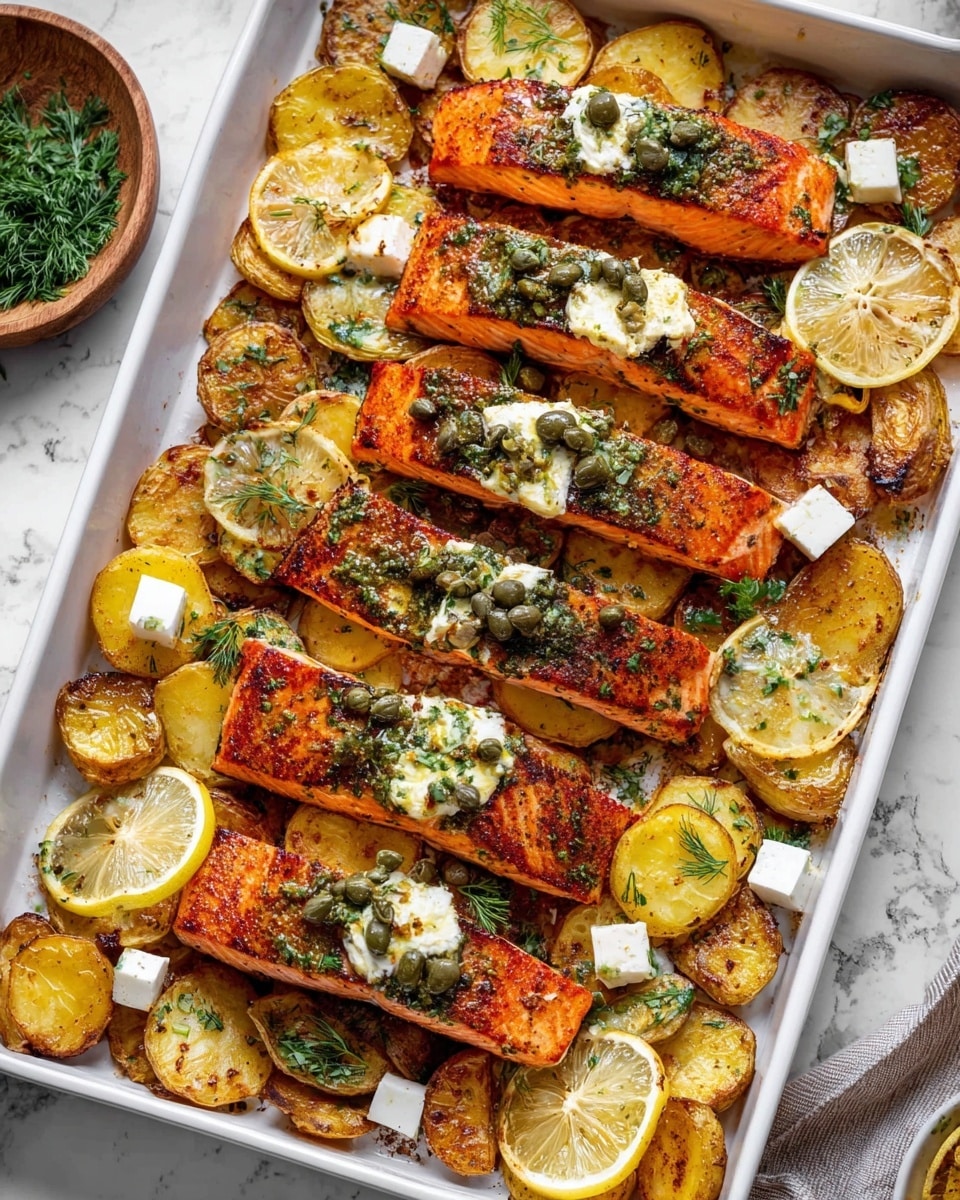 The image shows a white baking tray filled with four pieces of cooked salmon fillets placed in a row. Each fillet has a deep orange color with a slightly crispy, seasoned surface. Around and under the salmon, there are golden brown roasted potato slices spread evenly, with a few grilled lemon slices adding bright yellow tones and slight char marks. Small cubes of white cheese are scattered among the potatoes and salmon. Fresh green herbs and a drizzle of green herb sauce with capers are spread on top of the salmon and potatoes, adding a fresh, textured look. The whole scene rests on a white marbled surface, with part of a wooden bowl with herbs visible in the corner. Photo taken with an iphone --ar 4:5 --v 7