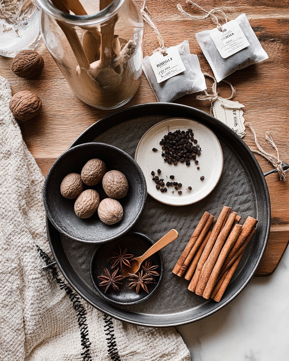 A metal pan filled with dark liquid sits on a small wire rack on a wooden surface, with two white tea bags floating on top and a dark star anise spice placed between them. The pan has a rustic brass handle, and the background shows blurred kitchen items in warm tones. photo taken with an iphone --ar 4:5 --v 7