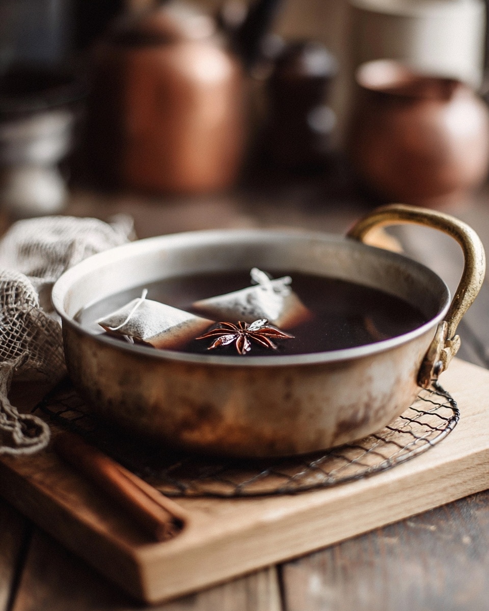 A round dark gray metal tray holds three types of spices arranged in separate sections. On the left side inside a smaller dark bowl are six whole nutmegs with rough, light brown shells and seven star anise pods with a dark reddish-brown color and star shape. On the right side of the tray, a neat pile of cinnamon sticks with a warm medium brown color is stacked. Above this, a small white plate contains dark brown whole peppercorns with a small wooden spoon resting on top. Surrounding the tray, two white tea bags with strings and tags lie on a wooden table with a warm natural wood grain. A glass jar with wooden utensils and a jar labeled