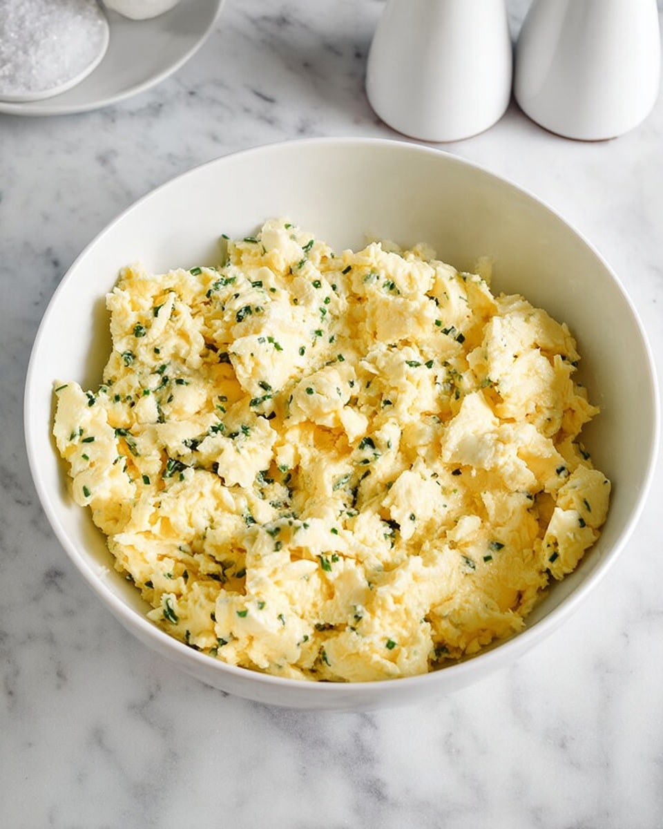 A white bowl filled with light yellow scrambled eggs mixed with small green herb pieces, giving a speckled look throughout. The eggs have a soft, slightly fluffy texture with small curds visible all over. The bowl sits on a white marbled surface with a pair of white salt and pepper shakers in the background. photo taken with an iphone --ar 4:5 --v 7