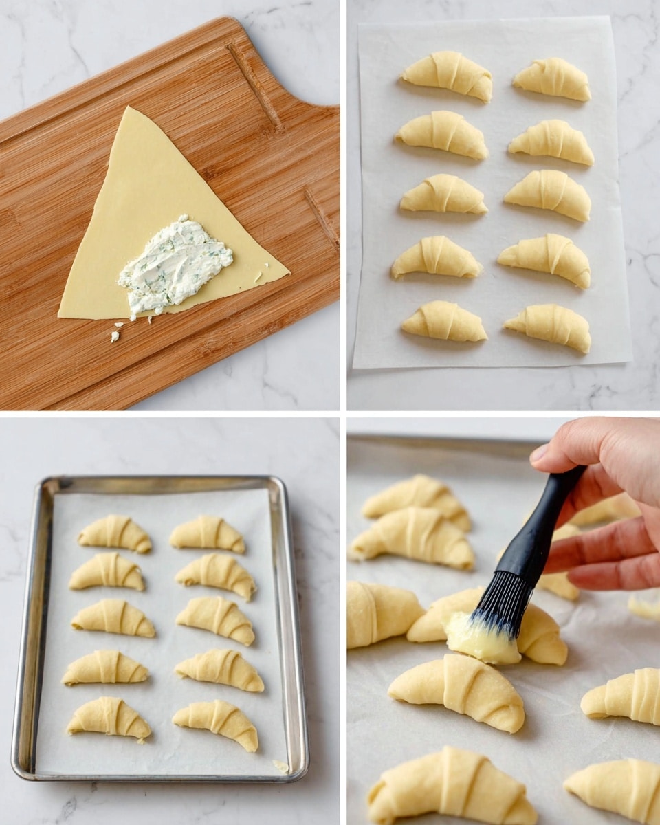 The image shows four steps of making small crescent rolls on a white marbled surface. The first step displays a triangular dough piece with a white creamy cheese mixture placed near the bottom edge. The second step shows the dough being folded up from the base, partly covering the cheese, creating a curved shape. The third step features a silver baking tray lined with white parchment paper, holding two neat rows of fifteen small dough rolls, all closed and shaped like crescents, evenly spaced. The fourth step captures a close-up of the nails of a woman's hand holding a black pastry brush, gently brushing egg wash or butter on the tops of the crescent rolls, enhancing their shine and texture. Photo taken with an iphone --ar 4:5 --v 7