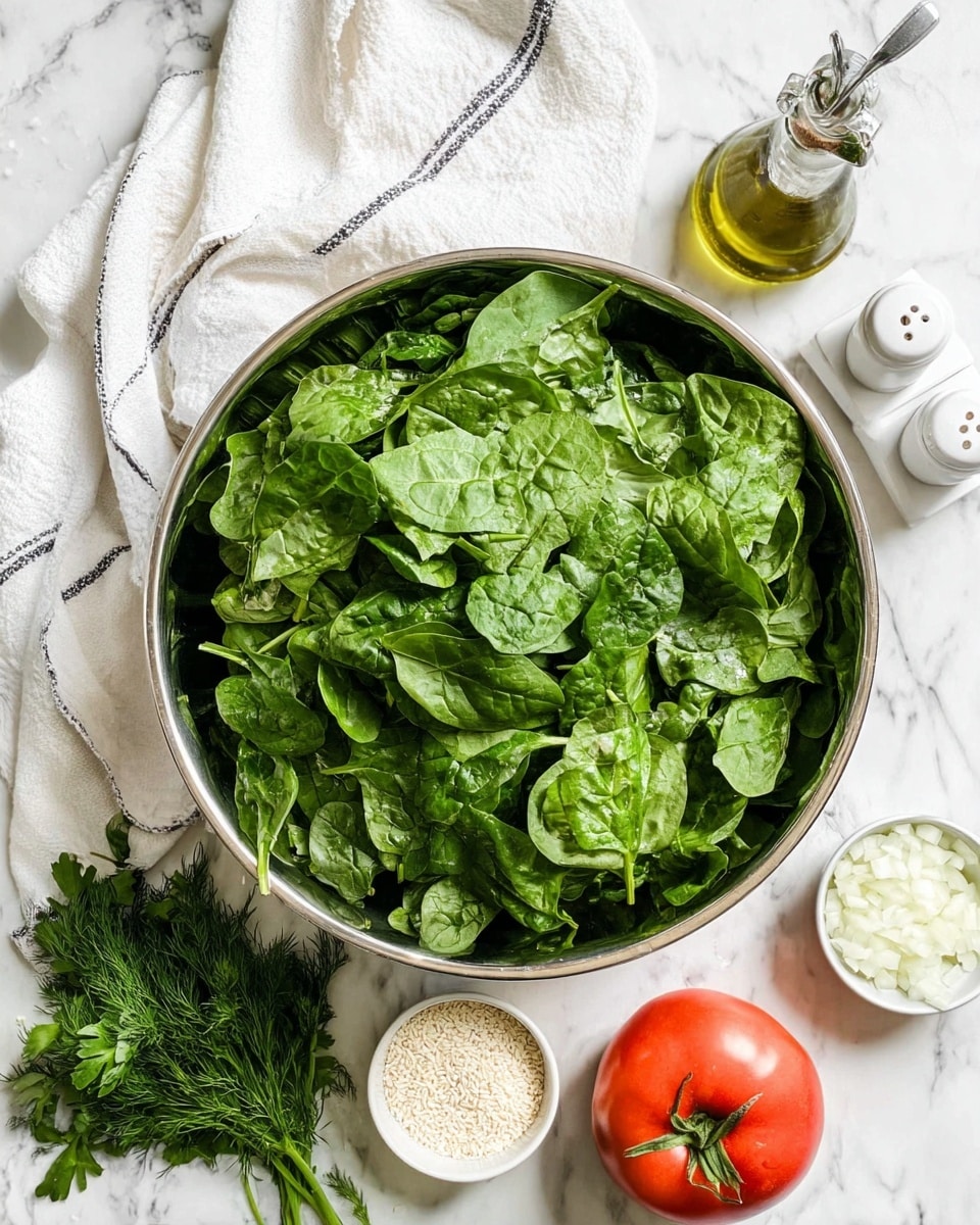 A large silver metal bowl sits in the center on a white marbled surface, filled with fresh, bright green spinach leaves that have a slightly wrinkled texture. To the bottom left of the bowl, there is a small bunch of fresh parsley and dill with green stems and leafy tops. Below the bowl on the right side, a measuring cup holds small, white grainy rice next to a ripe red tomato with a green stem top. To the upper right of the bowl, a small white bowl contains chopped white onions. Beside this, a tall greenish olive oil bottle with a metal pour spout stands upright. Behind the bowl, a white folded cloth with gray lines is draped over the marble surface, and two white square salt and pepper shakers are placed between the cloth and bowl. photo taken with an iphone --ar 4:5 --v 7