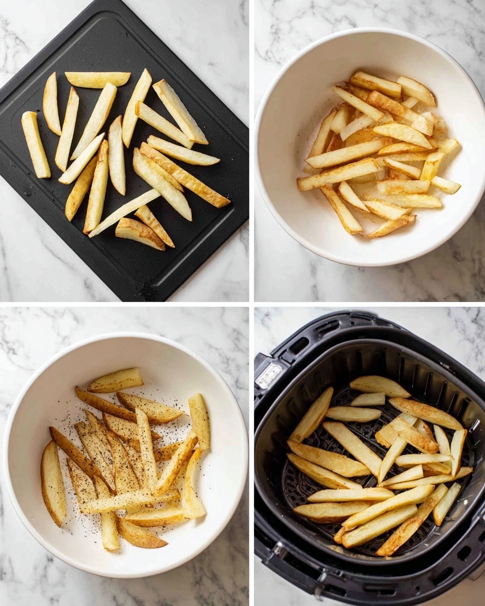 The image shows a plate of golden, crispy fries with some pieces having darker edges, arranged loosely on a light gray plate placed on a white marbled surface. Surrounding the plate are small white bowls filled with crumbled white cheese, chopped red onion, and diced red tomatoes. Two lemon halves, bright yellow with visible pulp, are placed near the plate. A woman's hand holding a small bottle of dried green herbs is also visible at the bottom of the frame, with a white cloth partially seen on the left side. The overall look is fresh and simple with a clean, bright setting. photo taken with an iphone --ar 4:5 --v 7