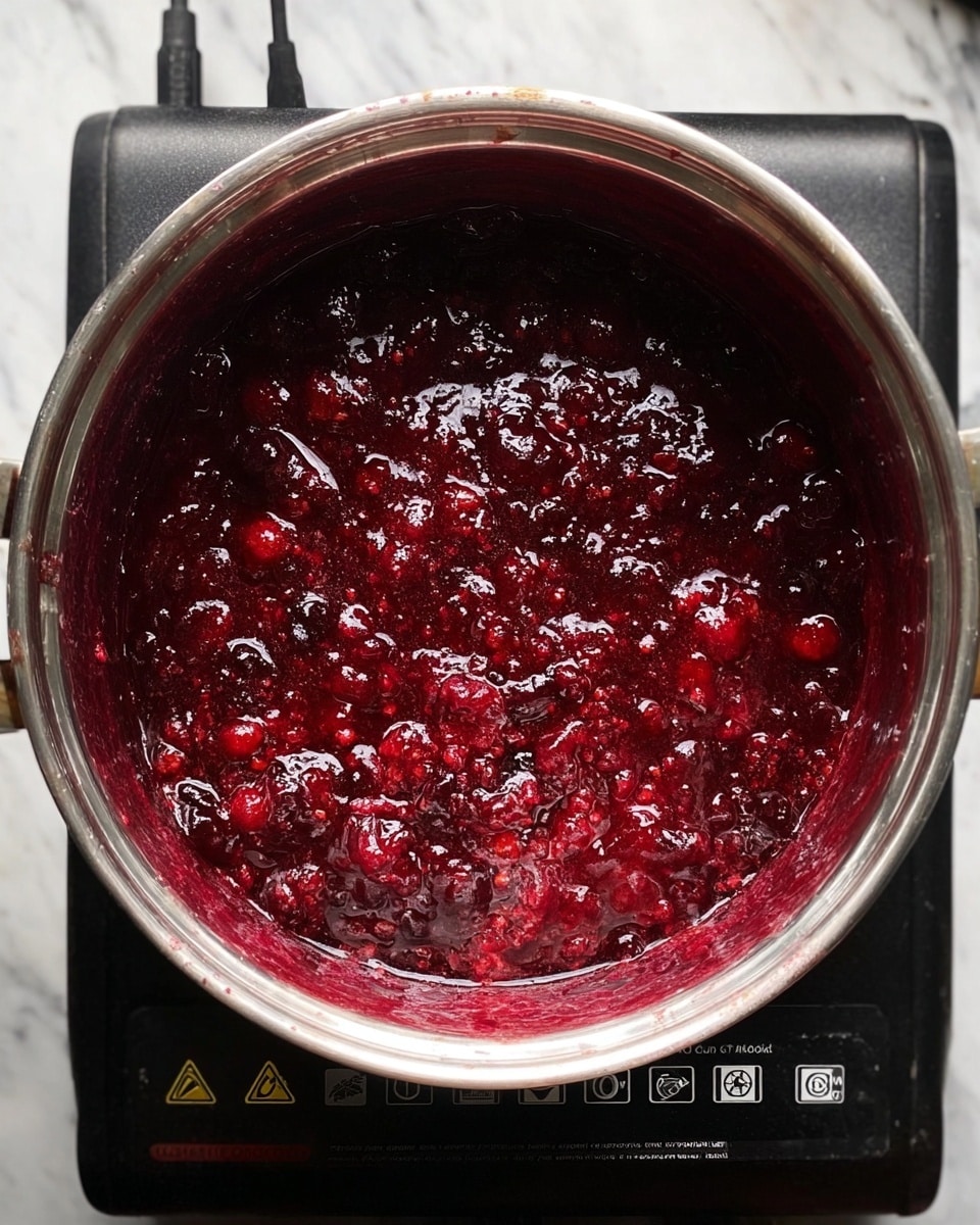 A close-up top view of a metal pot filled with bright red cranberries, white sugar sprinkled over them, and a light yellow liquid underneath. There is one large cinnamon stick placed on top near the center, and small pieces of orange zest scattered around, adding a touch of bright orange color. The pot's shiny inner surface reflects some of the ingredients, and the pot is placed on a black stove with various labels on the right side. The background is a white marbled texture. photo taken with an iphone --ar 4:5 --v 7