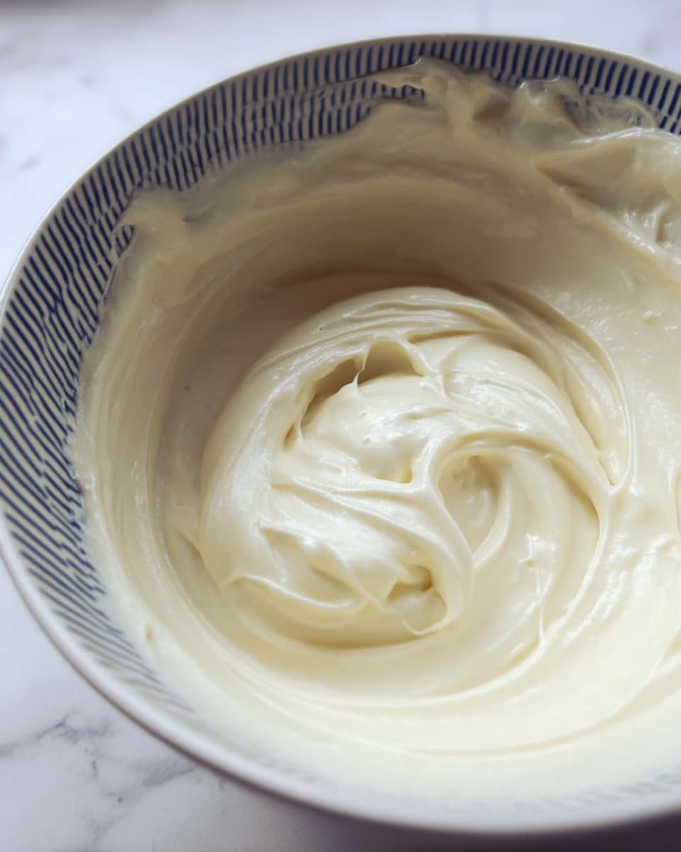 A close-up view of a white and creamy batter with smooth, glossy texture swirled inside a white bowl with blue stripes, showing soft folds and slight peaks, resting on a white marbled surface. photo taken with an iphone --ar 4:5 --v 7