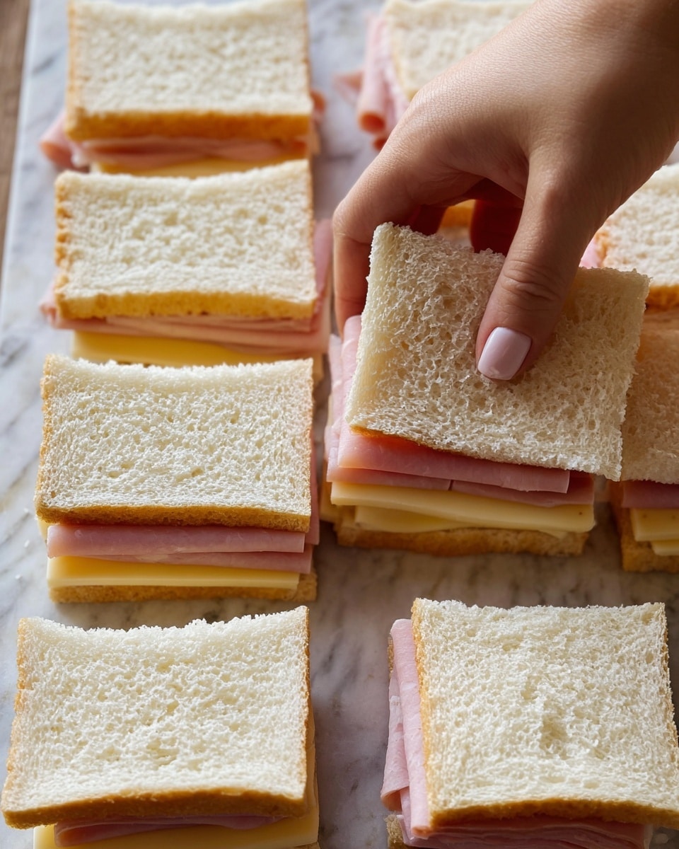 The image shows multiple triangular sandwiches shaped like Christmas trees arranged neatly on a wooden board. Each sandwich has three layers of soft white bread, dusted lightly with powdered sugar on top. Between the bread layers are thin slices of ham and cheese, adding a slight pink and pale yellow color visible from the sides. The wooden board rests on a white marbled surface, with bright red Christmas ornaments placed around it, enhancing the festive look. The scene is warmly lit, giving a cozy holiday feeling. Photo taken with an iphone --ar 4:5 --v 7