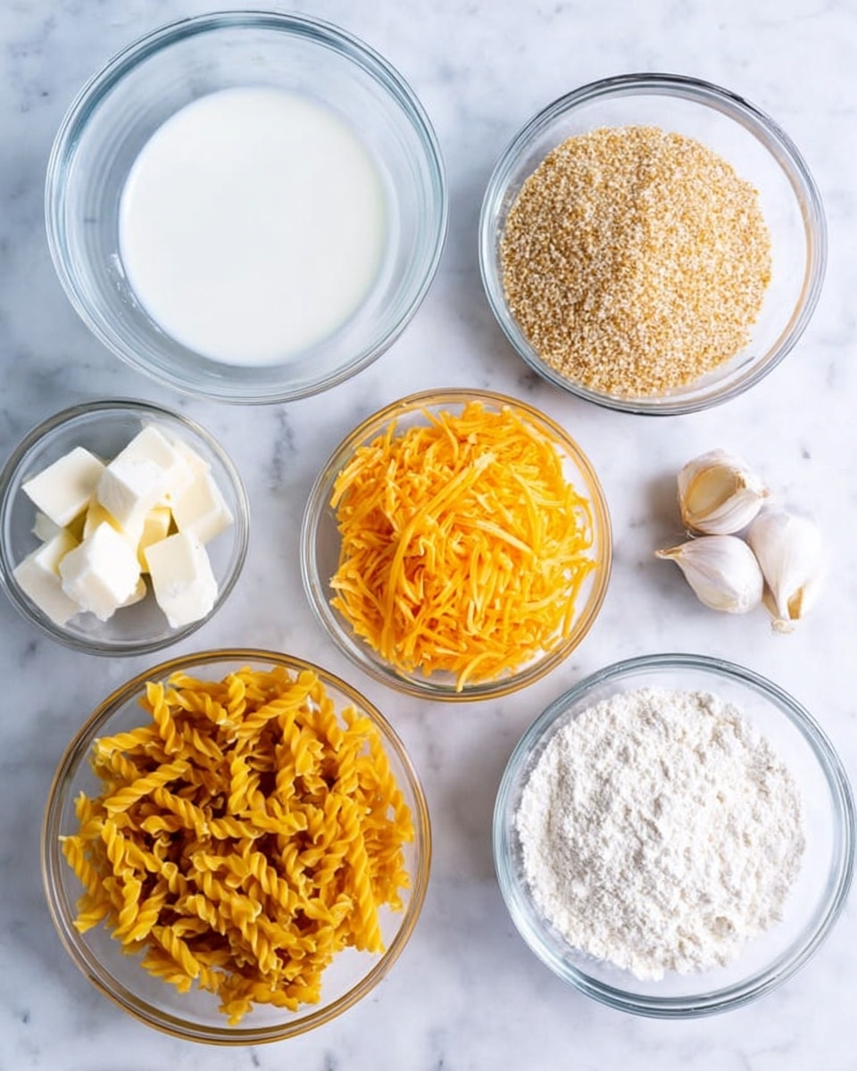 The image shows seven clear glass bowls on a white marbled surface, each holding a different ingredient. Clockwise from top left, the first bowl contains white milk filling the bowl. Next to it is a bowl with three small white cubes of butter and then a bowl filled with light brown breadcrumbs. To the right side, there are two cloves of garlic on the marble surface. Below that is a bowl with dry yellow twisted pasta. Next is a smaller bowl with white flour. The last bowl holds a pile of shredded yellow-orange cheddar cheese. The glass bowls are clear and round, neatly arranged with enough space between them. Photo taken with an iphone --ar 4:5 --v 7
