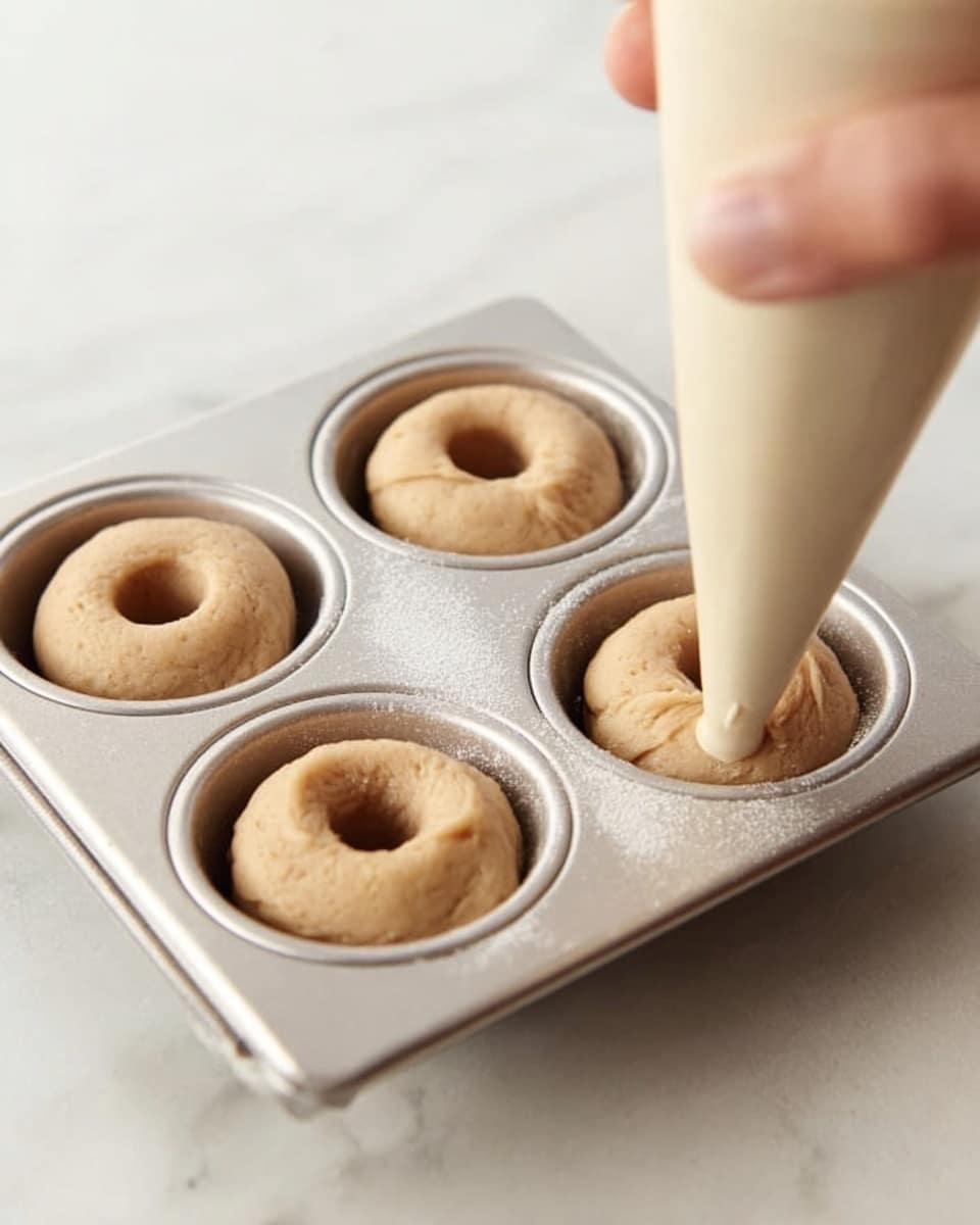 A close-up of a silver baking tray with four donut molds filled with light brown dough. A woman's hand is squeezing a cream-colored piping bag to add dough into one of the molds, making smooth circular shapes that fill the molds evenly. The background is a white marbled surface. photo taken with an iphone --ar 4:5 --v 7