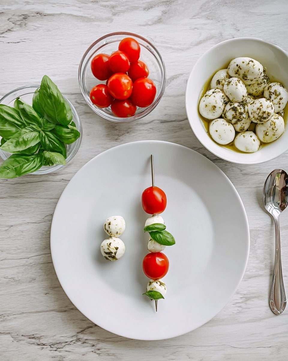 A single skewer sits in the middle of a white plate, starting with a small white mozzarella ball on the left, followed by a red cherry tomato, then a green basil leaf, another small mozzarella ball, and ending with another red cherry tomato on the right. Above the plate, there is a white bowl filled with white mozzarella balls covered in olive oil and sprinkled with herbs, next to a silver spoon. To the left of the plate, two small clear glass bowls hold bright red cherry tomatoes on top and fresh green basil leaves below. All items are placed on a white marbled textured surface. photo taken with an iphone --ar 4:5 --v 7