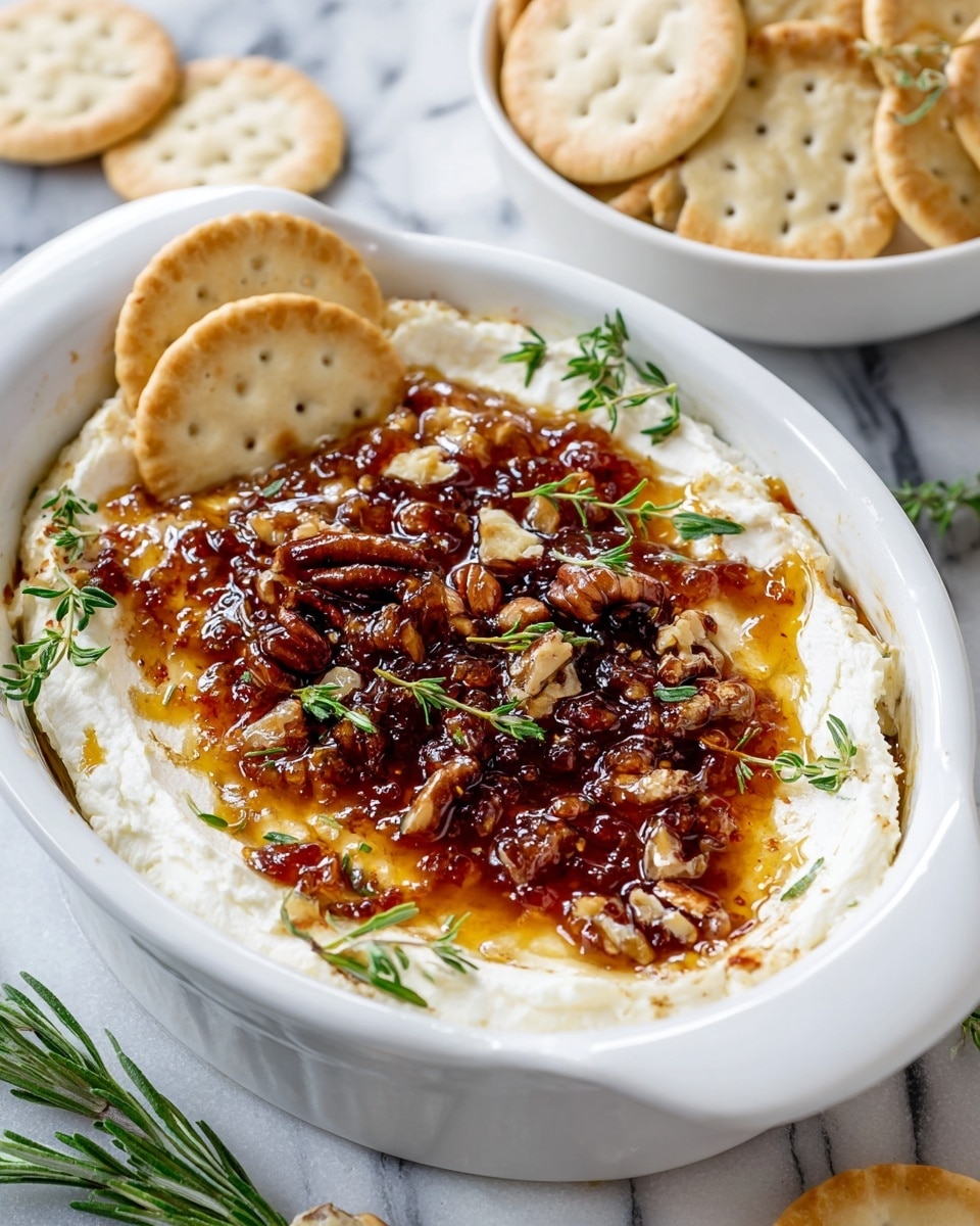 The image shows a white oval baking dish filled with a creamy white cheese layer spread evenly at the bottom. On top, there is a golden brown jam layer, glossy and slightly uneven, with a sprinkling of chopped pecans scattered across the surface. Small green sprigs of rosemary and thyme are placed decoratively on the cheese and jam. A round white cracker, topped with cheese and jam, rests partially dipped in the dish. In the background, a white bowl filled with more round white crackers is visible, all set on a white marbled surface. photo taken with an iphone --ar 4:5 --v 7