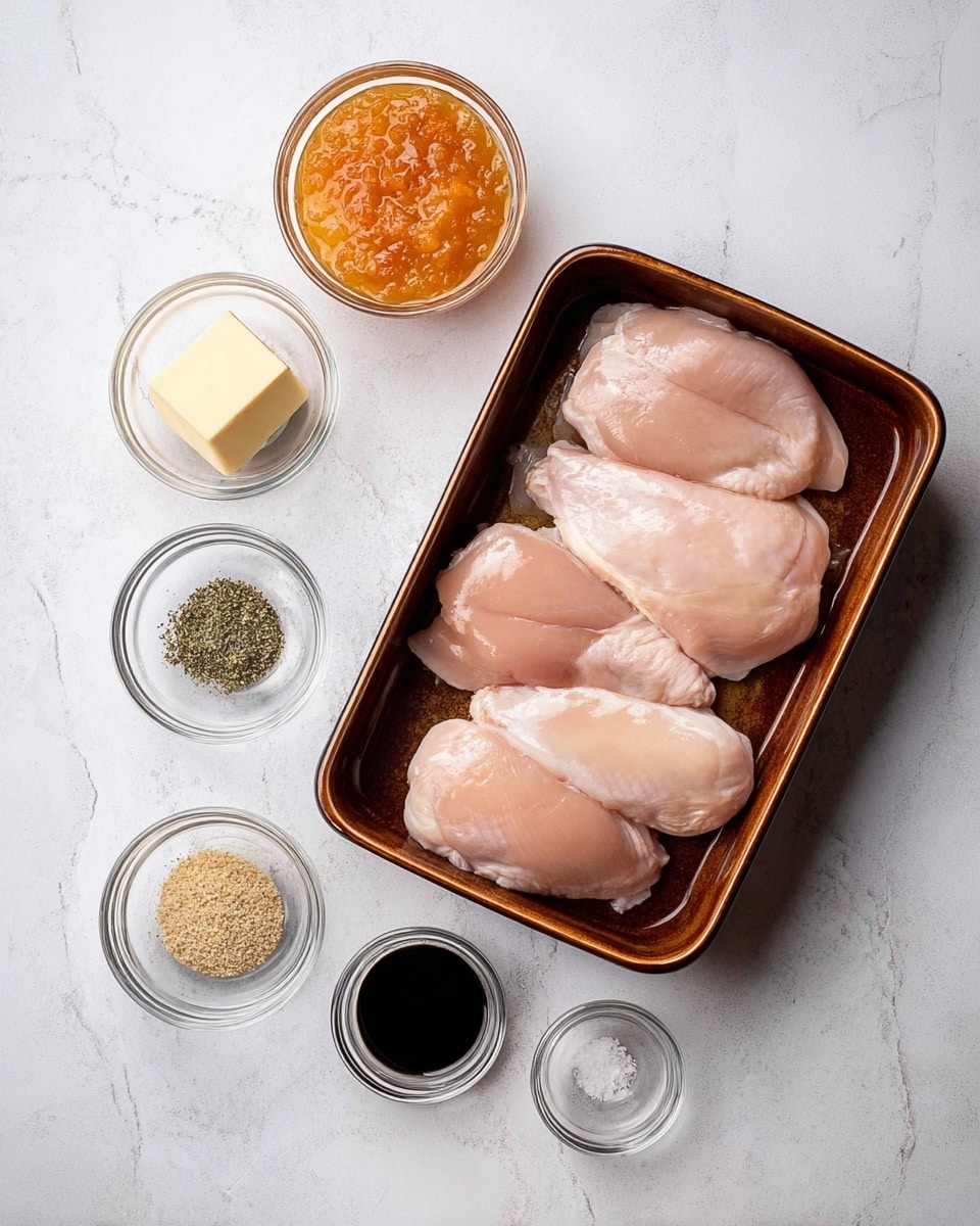The image shows a rectangular brown baking dish filled with four raw, pale pink chicken pieces arranged in two rows on a white marbled surface. To the left of the dish, there are seven small round clear glass bowls holding different ingredients: a bright orange chunky sauce in the largest bowl at the top, a small pale yellow square of butter below it, a dark green dried herb below the butter, a grainy brown and yellow mustard next to it, a white powdery salt, black ground pepper, and a dark soy-like liquid at the bottom. All the items are neatly spaced on the white marbled surface. photo taken with an iphone --ar 4:5 --v 7