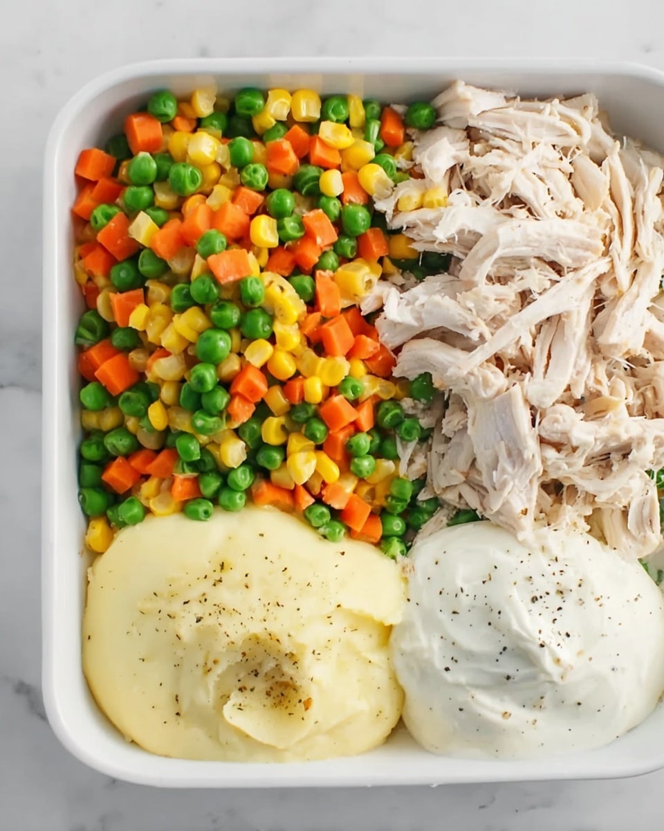 The image shows a white rectangular dish with four different parts arranged side by side. On the left side, there is a colorful mix of small green peas, bright orange carrots, yellow corn, and green beans, all small and finely chopped. Next to this, on the top right, is light beige shredded cooked chicken, soft in texture. Below the chicken, there are two smooth sauce dollops: one is pale yellow, creamy with a hint of black pepper on top, and the other is white, thick and also lightly sprinkled with black pepper. The dish is placed on a white marbled surface. photo taken with an iphone --ar 4:5 --v 7