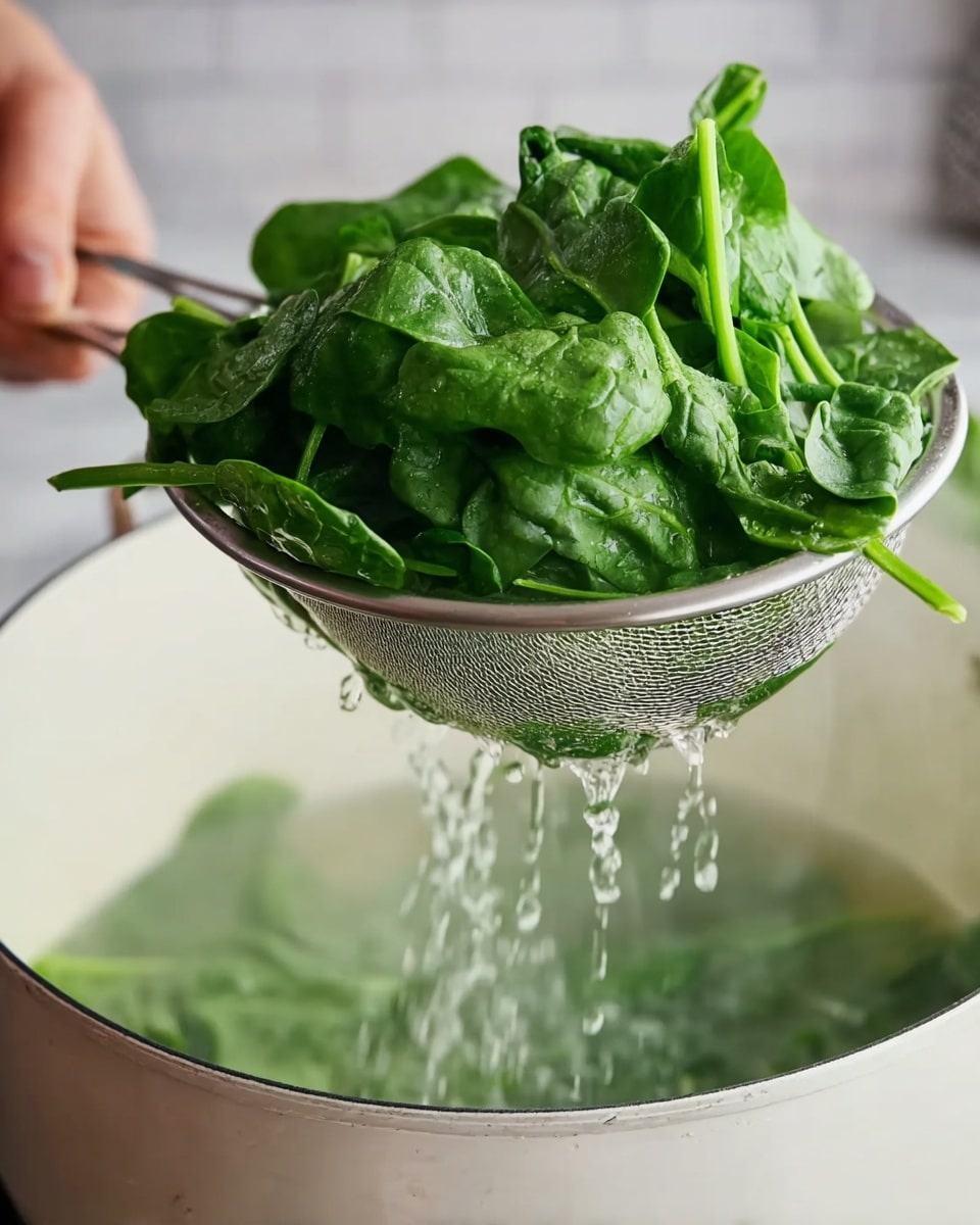 A close-up of fresh bright green spinach being lifted with a metal strainer over a white pot filled with boiling water. The spinach looks soft and wet, with drops of water falling back into the pot. The background is blurred, showing a woman’s hand holding the strainer near the pot on a white marbled surface. The scene shows action and freshness with light steam rising from the pot. photo taken with an iphone --ar 4:5 --v 7