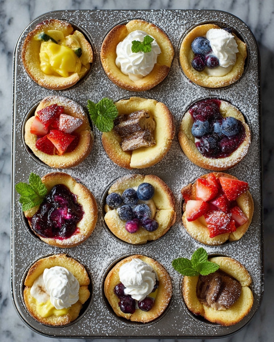 The image shows three small round tarts on a white plate with a ridged edge, placed on a white marbled surface. The tart in the front has a creamy, smooth chocolate layer topped with small banana pieces, with a soft, crumbly crust. To the left, there is a tart filled with yellow custard or cream, decorated with fresh blueberries, lemon slices, and a small green mint leaf, the crust looks light and flaky. The tart to the right has a layer of chopped red strawberries, topped with a small dollop of white cream and a fresh mint leaf, also with a similar crust. In the background, a blurred blue-tipped cloth is partially visible, and behind the plate, some more tarts and a white bowl with dark purple berry sauce dripping down the sides can be seen. photo taken with an iphone --ar 4:5 --v 7