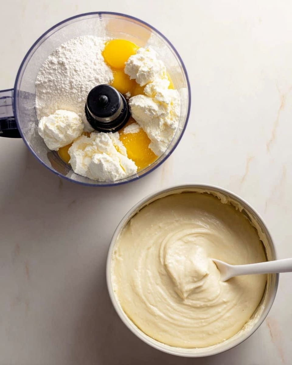 The image shows two side-by-side pictures on a white marbled surface. On the left, there is a clear food processor bowl filled with ingredients ready to mix: five white dollops of cream cheese, yellow egg yolk, white sugar, and flour, all resting on top of each other in a circular shape. The bowl has a black blade in the center. On the right, a smooth, pale cream batter fills a round, white cake pan evenly, with a white spoon gently resting on the batter's surface. Photo taken with an iphone --ar 4:5 --v 7