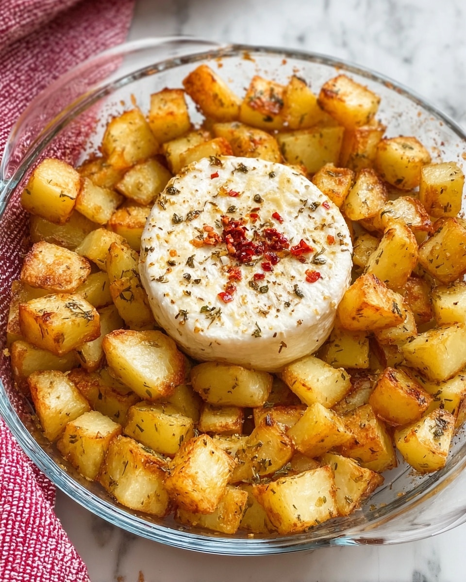 A clear glass round dish holds about two layers of golden brown roasted potato chunks scattered all around, with a single round of soft white cheese topped with cracked black pepper and red chili flakes placed in the center. The potatoes have a crispy texture with herbs sprinkled on them, and all is set on a white marbled surface with a pink textured cloth partially visible on the left. photo taken with an iphone --ar 4:5 --v 7