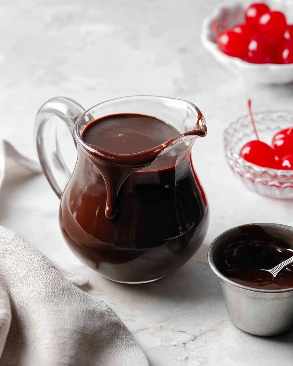 A clear glass pitcher filled with thick, dark brown chocolate sauce, with some sauce dripping over the edge of the spout; next to it on a white marbled surface is a small metal bowl holding more of the same chocolate sauce with a spoon inside; in the background, there is a small white bowl filled with bright red cherries and a clear glass dish, all arranged with a light gray cloth partially visible on the left side. photo taken with an iphone --ar 4:5 --v 7