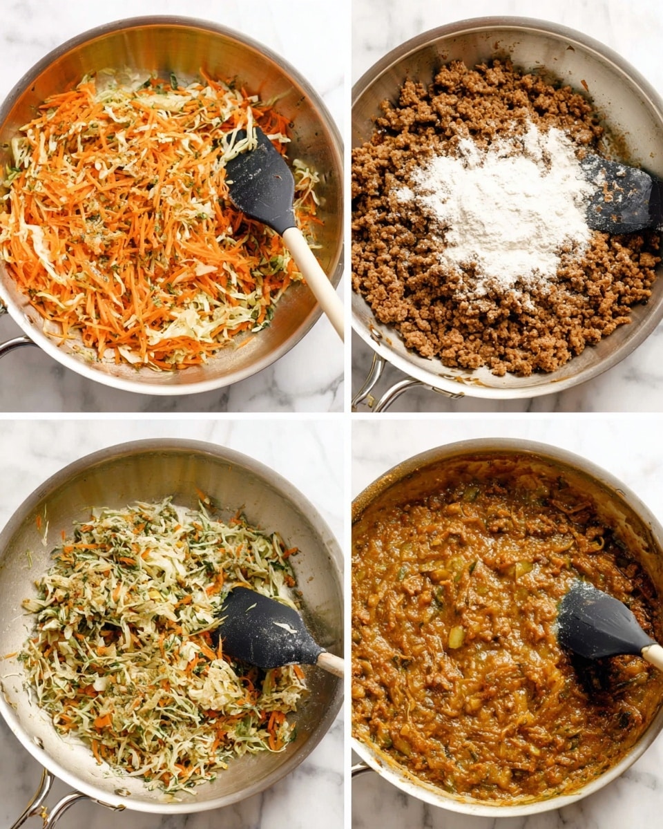 The image shows four steps of cooking in a silver pan on a white marbled surface. The first layer has thin shredded light orange carrots mixed with thin white cabbage and bits of green herbs, stirred with a black spatula on the right side of the pan. The second layer adds browned minced meat mixed with the carrot and cabbage mixture, with the black spatula resting on the right. The third layer shows white flour sprinkled on top of the mixture of minced meat, vegetables, and herbs, and the black spatula is partially mixing it on the right side. The final layer is a thick, brown cooked sauce with visible bits of meat and vegetables stirred smoothly, held back by the black spatula near the right edge of the pan. Photo taken with an iphone --ar 4:5 --v 7