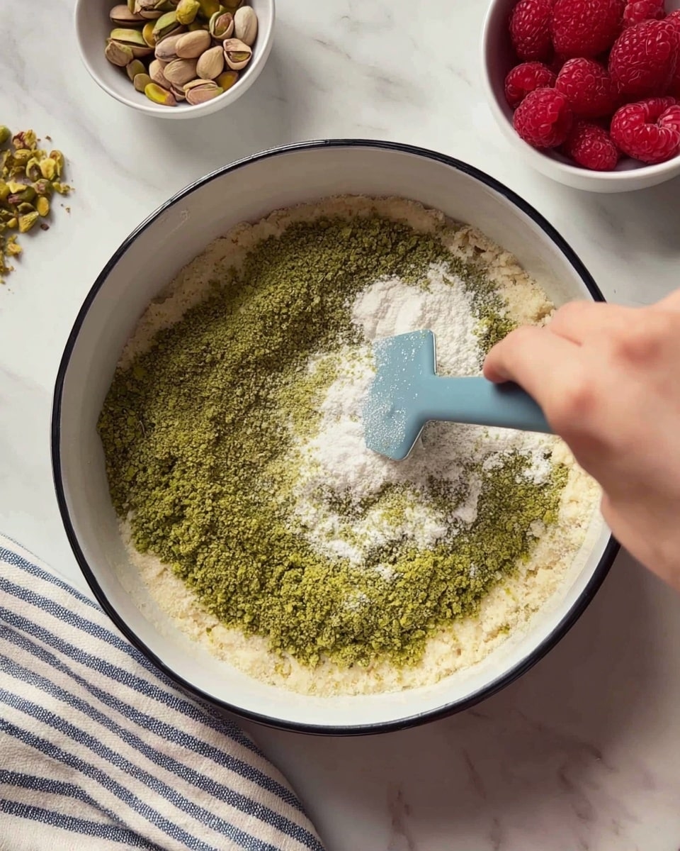 A close-up view of a white bowl with a black rim, filled with layered dry ingredients: a base layer of pale dough or batter, topped with a thick ring of finely ground green powder (likely pistachio), and scattered white powder (baking powder or flour) at the center. A woman's hand holding a blue spatula is gently stirring the mixture, and the bowl sits on a white marbled surface. Nearby, there are small white bowls with whole pistachios and red raspberries, and a striped cloth towel partly visible. Photo taken with an iphone --ar 4:5 --v 7