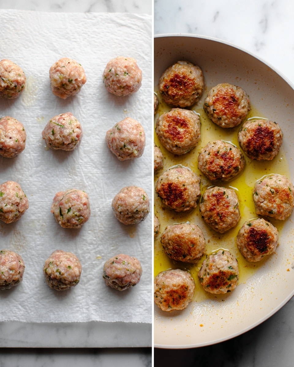 The dish shows a white deep plate filled with a thick layer of bright orange mashed vegetable spread evenly as the base. On top of this, seven brown round meatballs with a slightly crispy texture are placed in a circle around the middle, with small white dollops of sauce scattered between and on top of some meatballs. Fresh green leaves are arranged over and between the meatballs, adding a fresh touch. The plate sits on a white marbled surface with a gray cloth napkin beside it. Photo taken with an iphone --ar 4:5 --v 7