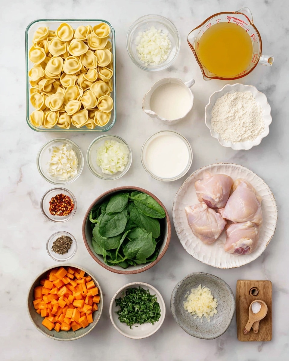 A top-down view of various cooking ingredients neatly arranged on a white marbled surface. At the center, there is a clear rectangular container filled with light yellow tortellini pasta. To the right of the pasta, a white bowl holds two raw pale pink chicken pieces. Above the chicken, a small white scalloped bowl contains white flour, next to a small bowl of chopped white onions. Above the pasta, a clear measuring cup is filled with a golden yellow broth, and next to it is another clear measuring cup filled with white cream. Below the pasta on the left, a brown-rimmed white bowl holds fresh green spinach leaves, accompanied by a small white dish of minced garlic. Nearby, a small clear bowl holds fresh chopped green herbs. To the left of the pasta, there are two small clear bowls – one with red chili flakes and another with coarse black pepper. A bowl with orange diced carrots is placed at the bottom left, and a gray bowl filled with finely grated white cheese is next to it. At the bottom right of the frame is a small wooden board with black pepper and white salt, each with tiny wooden spoons. The overall color scheme includes soft yellows, greens, oranges, and whites on a clean marbled background. photo taken with an iphone --ar 4:5 --v 7