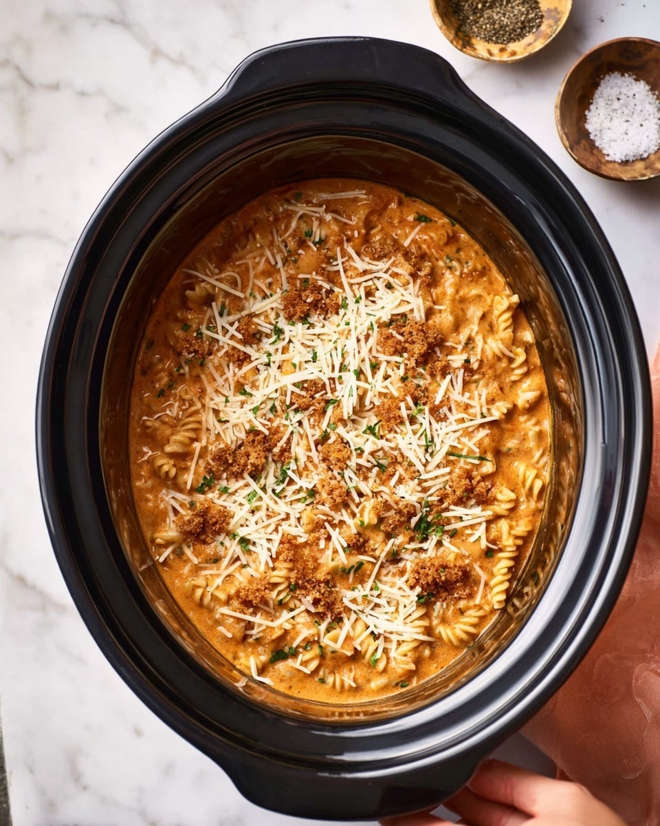 This image shows a black slow cooker filled with a creamy pasta dish. The pasta is fusilli, coated in an orange-colored sauce mixed with bits of green herbs. On top, there is a light layer of shredded white cheese evenly spread and sprinkled with crumbly brown pieces, giving the dish some texture. The cooker is placed on a white marbled surface, with small bowls of salt and pepper to the right side partly visible. A woman's hand is holding the side of the cooker. Photo taken with an iphone --ar 4:5 --v 7
